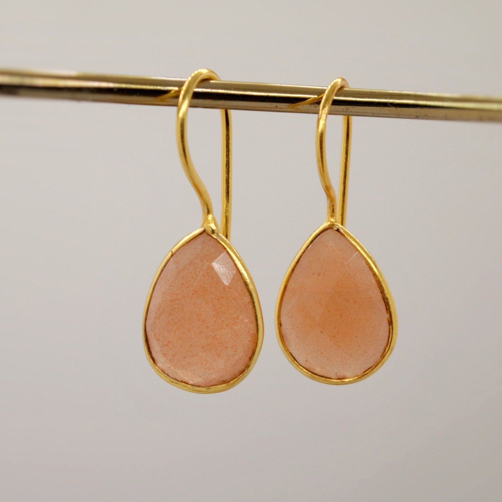 Peach Moonstone Sterling Silver Earrings, Moonstone Jewelry, Unique Gemstone Dangle Drop Earrings, Dainty Earrings, Gift For Her