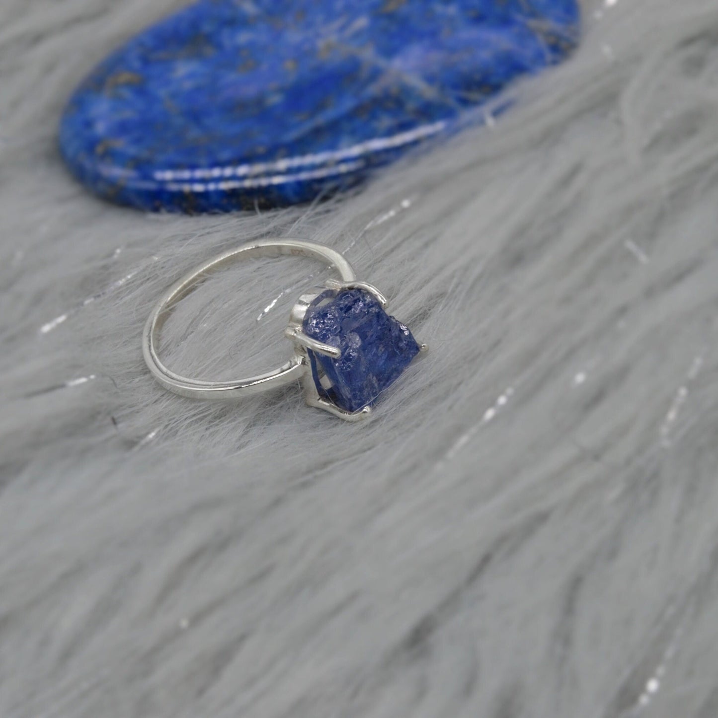 Raw Blue Tanzanite Sterling Silver Ring, Rough Cut Tanzanite, Rings for Women, December Birthstone, Raw Gem Ring, Birthday Gift, UK size T
