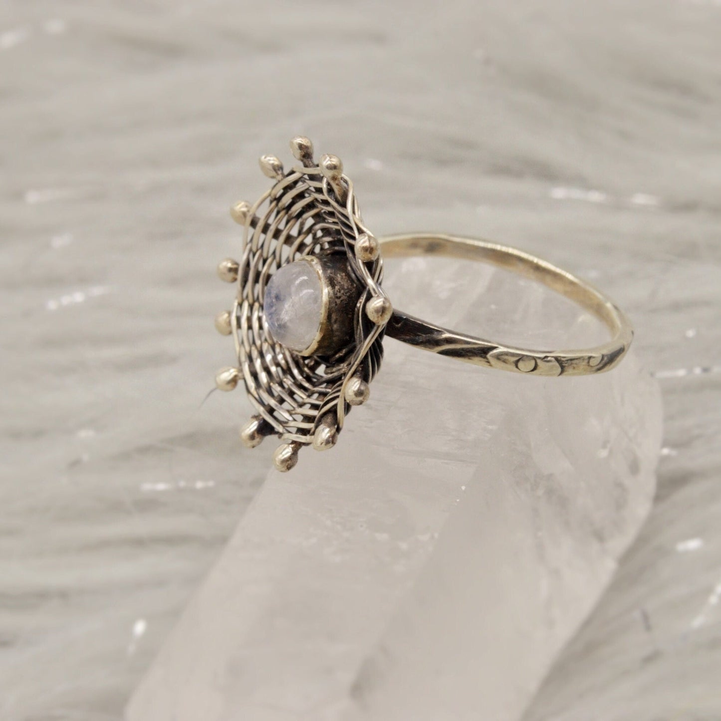 Rainbow Moonstone Sterling Silver Ring, UK size R 1/2, Raw Gem Ring, Rings For Women, Unique Flower Ring, Gifts For Her, 925 Silver Ring