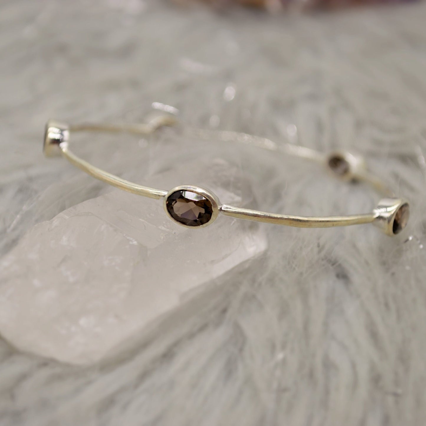 Smoky Quartz Silver Bangle Bracelet, Sterling Silver Bracelets For Women, 6cm Diameter, Unique Handmade Brown Gemstone Bangle