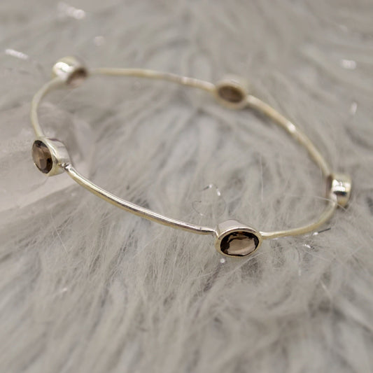 Smoky Quartz Silver Bangle Bracelet, Sterling Silver Bracelets For Women, 6cm Diameter, Unique Handmade Brown Gemstone Bangle