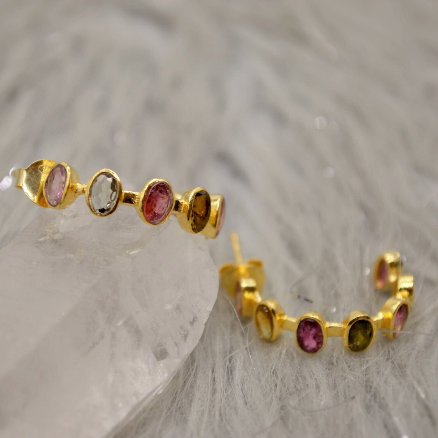 Pink Green Tourmaline Silver Hoop Earrings, Tourmaline Jewelry, October Birthstone Earrings, Minimalist Earrings, Unique Gifts For Her