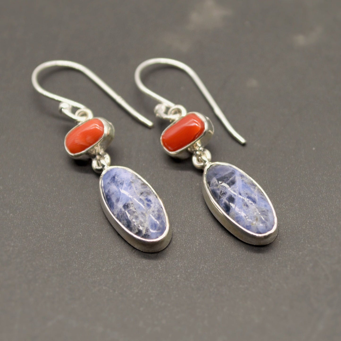 Red Coral, Blue Sapphire Silver Dangle Earrings - Handmade Gift for Her, September Birthstone Earrings