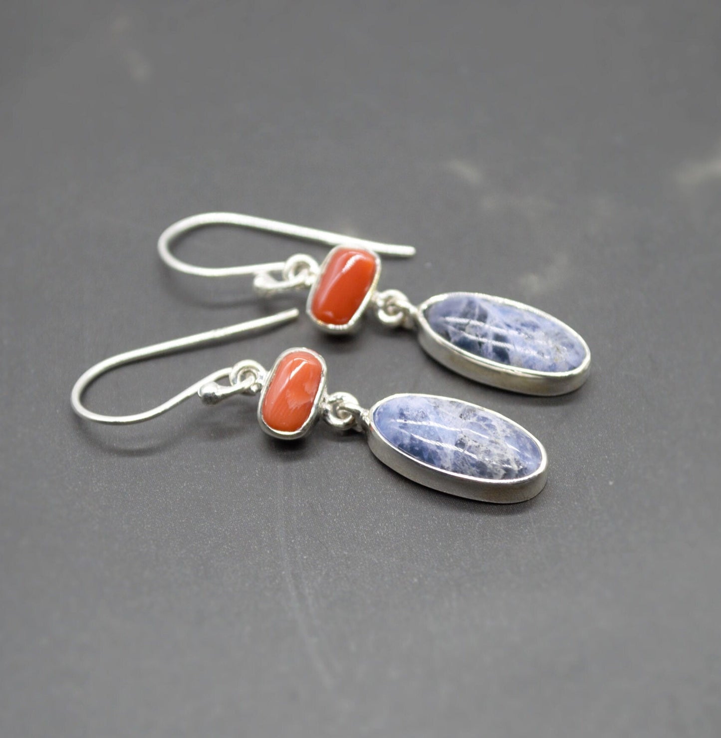 Red Coral, Blue Sapphire Silver Dangle Earrings - Handmade Gift for Her, September Birthstone Earrings