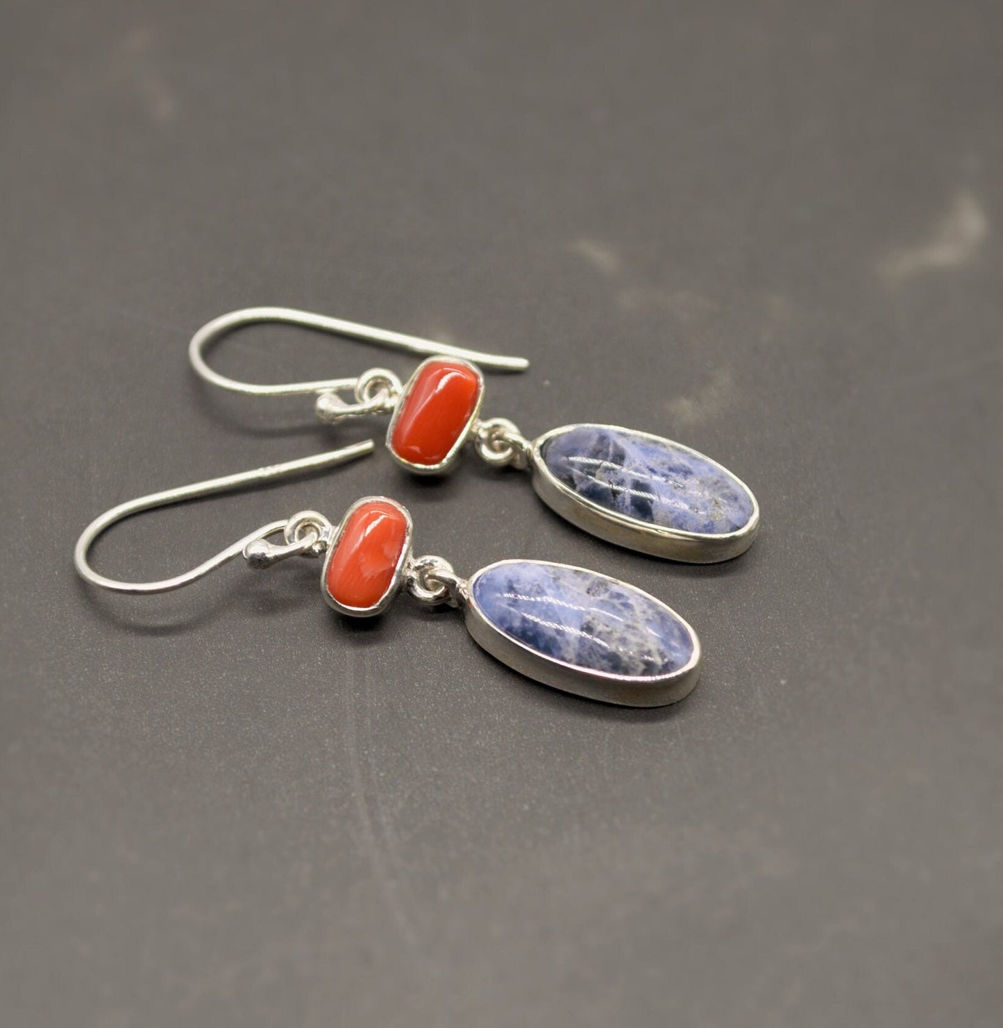Red Coral, Blue Sapphire Silver Dangle Earrings - Handmade Gift for Her, September Birthstone Earrings