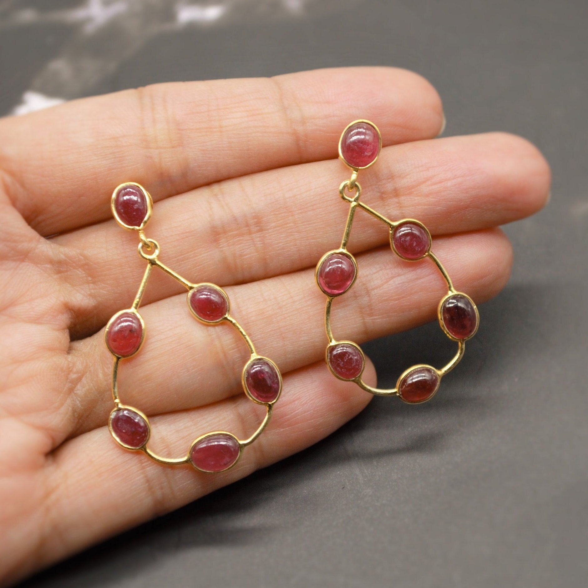 Gold Ruby Hoop Earrings, Cute Dainty Drop Earrings, Indian Wedding Jewelry, Minimalist July Birthstone Earrings