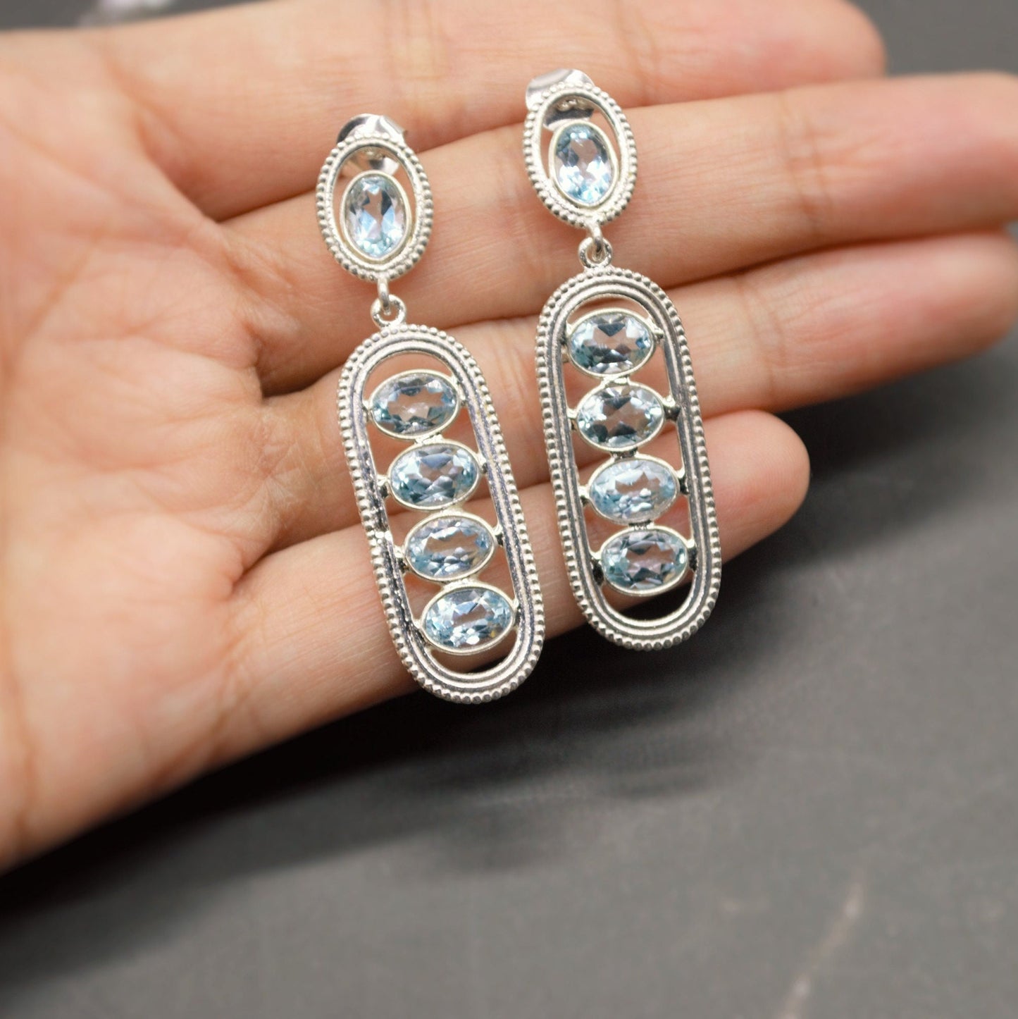 Blue Topaz Silver Dangle Earrings, Dainty Gemstone Drop Earrings, Unique Earrings, December Birthstone, Birthday Gifts For Her