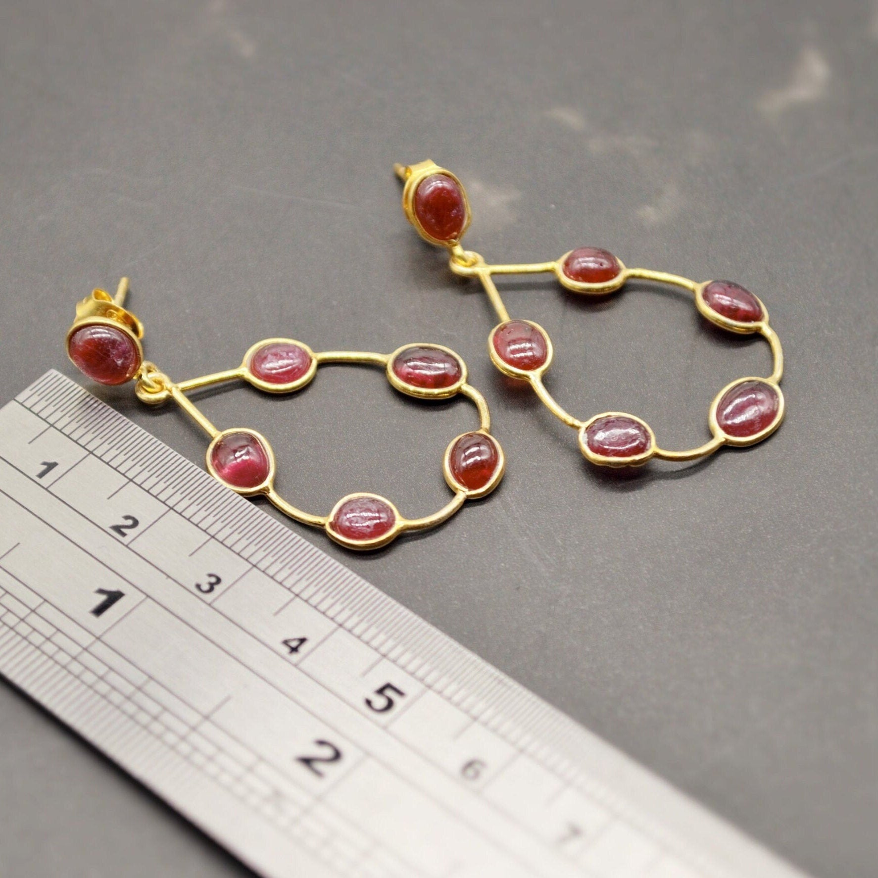 Gold Ruby Hoop Earrings, Cute Dainty Drop Earrings, Indian Wedding Jewelry, Minimalist July Birthstone Earrings