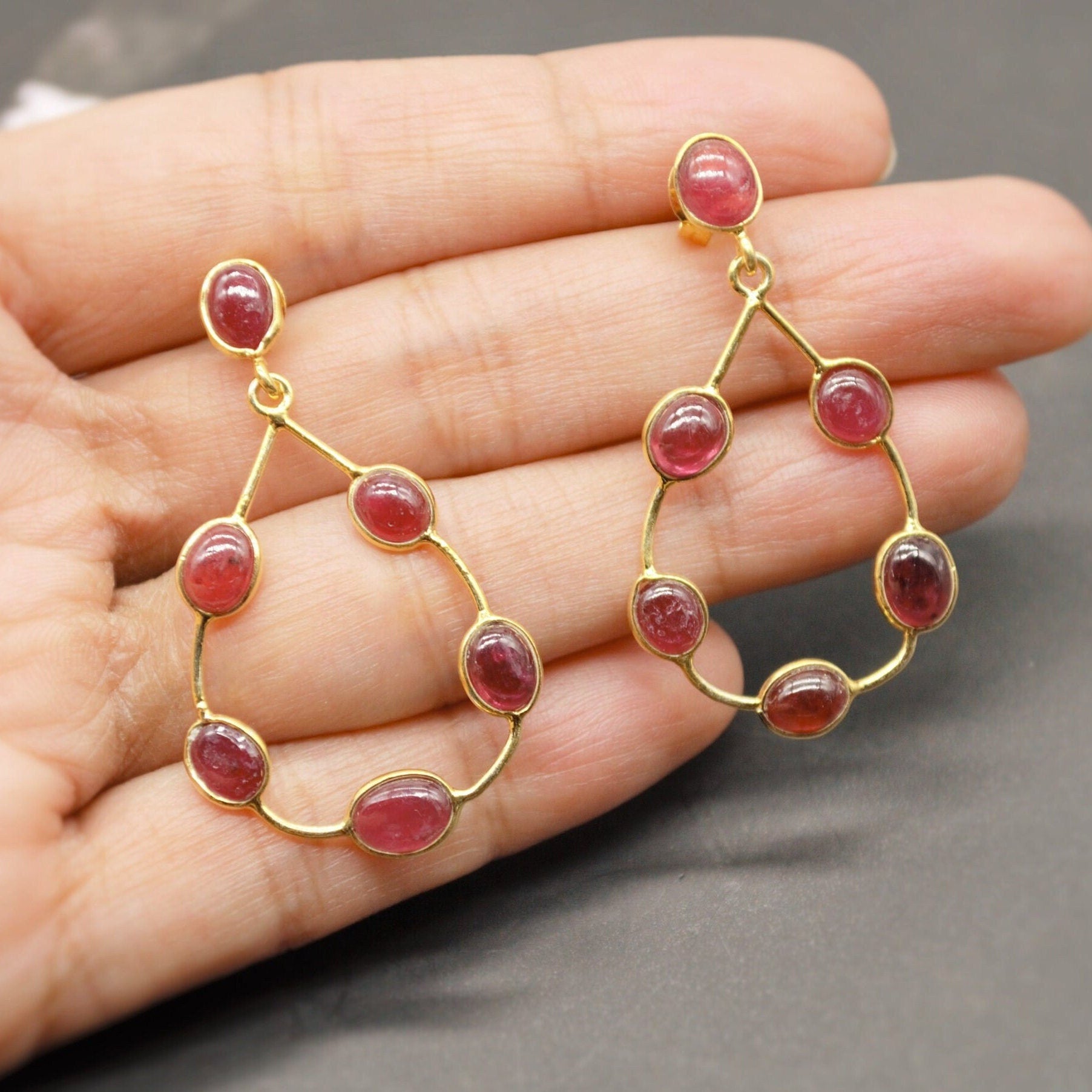 Gold Ruby Hoop Earrings, Cute Dainty Drop Earrings, Indian Wedding Jewelry, Minimalist July Birthstone Earrings