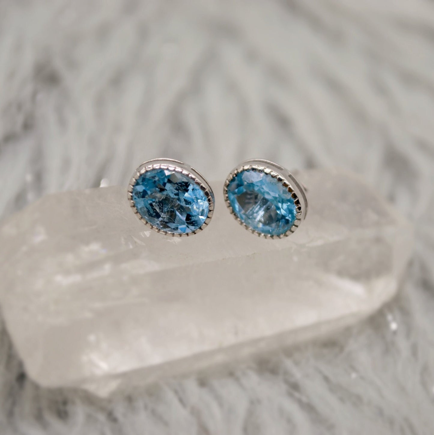 Blue Topaz Silver Stud Earrings, Minimalist Sterling Silver Gemstone Earrings, Dainty December Birthstone Earrings, Birthday Gifts For Her