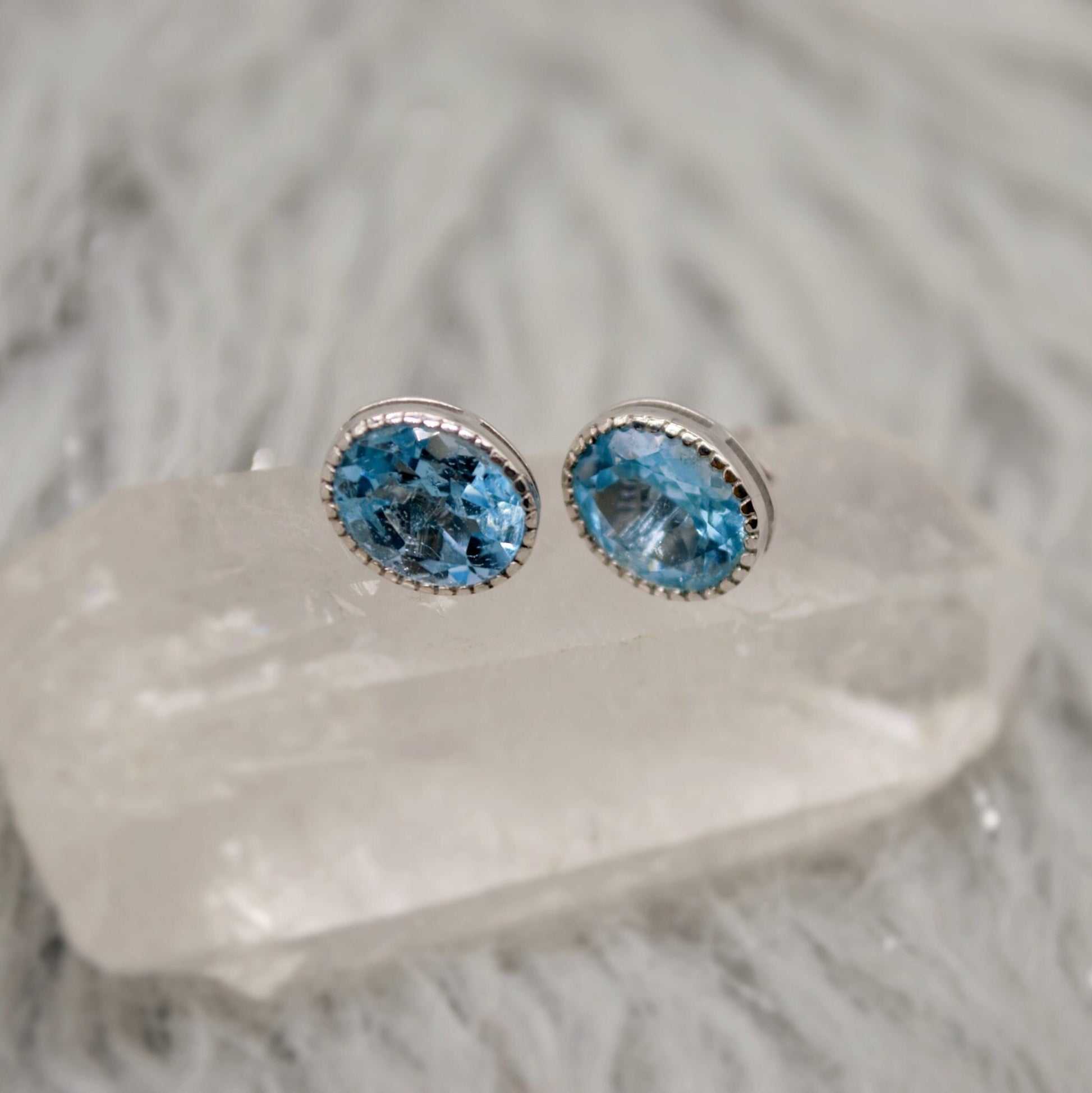 Blue Topaz Silver Stud Earrings, Minimalist Sterling Silver Gemstone Earrings, Dainty December Birthstone Earrings, Birthday Gifts For Her