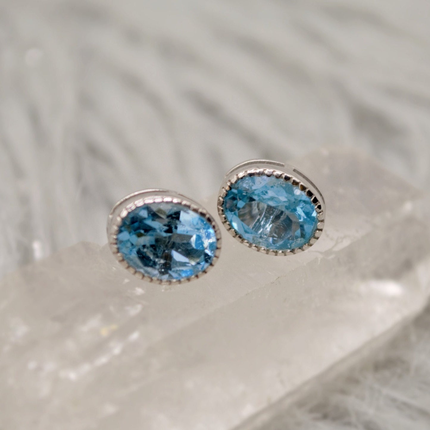 Blue Topaz Silver Stud Earrings, Minimalist Sterling Silver Gemstone Earrings, Dainty December Birthstone Earrings, Birthday Gifts For Her