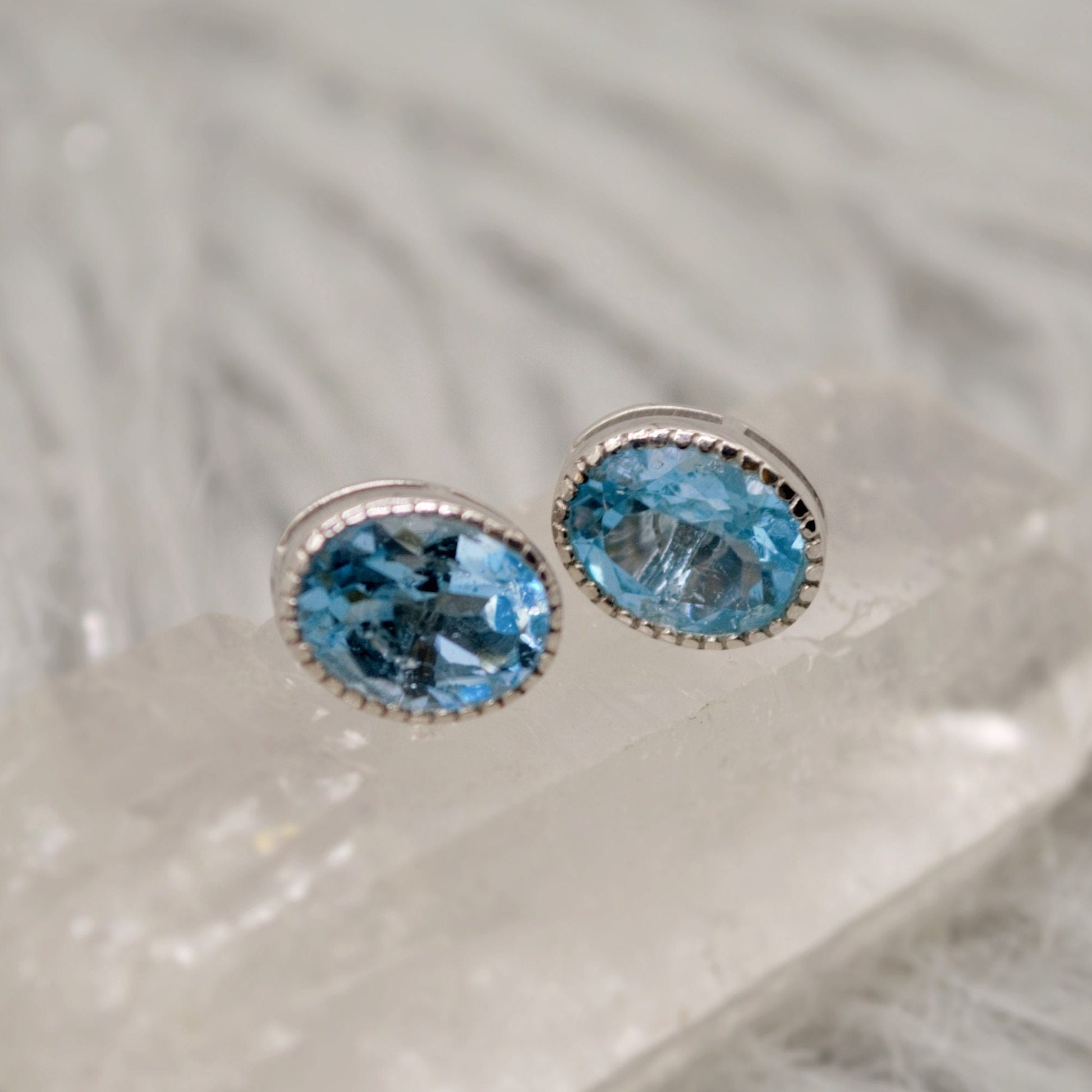 Blue Topaz Silver Stud Earrings, Minimalist Sterling Silver Gemstone Earrings, Dainty December Birthstone Earrings, Birthday Gifts For Her