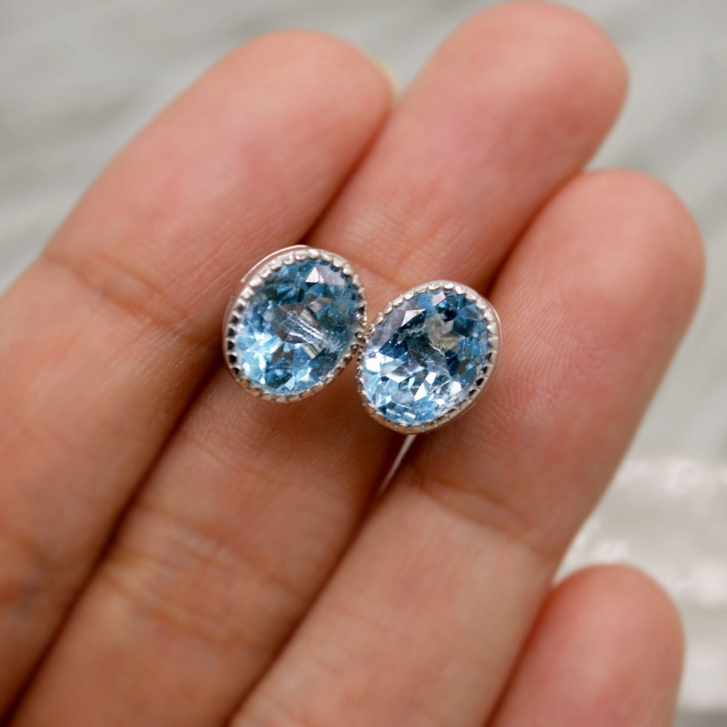 Blue Topaz Silver Stud Earrings, Minimalist Sterling Silver Gemstone Earrings, Dainty December Birthstone Earrings, Birthday Gifts For Her