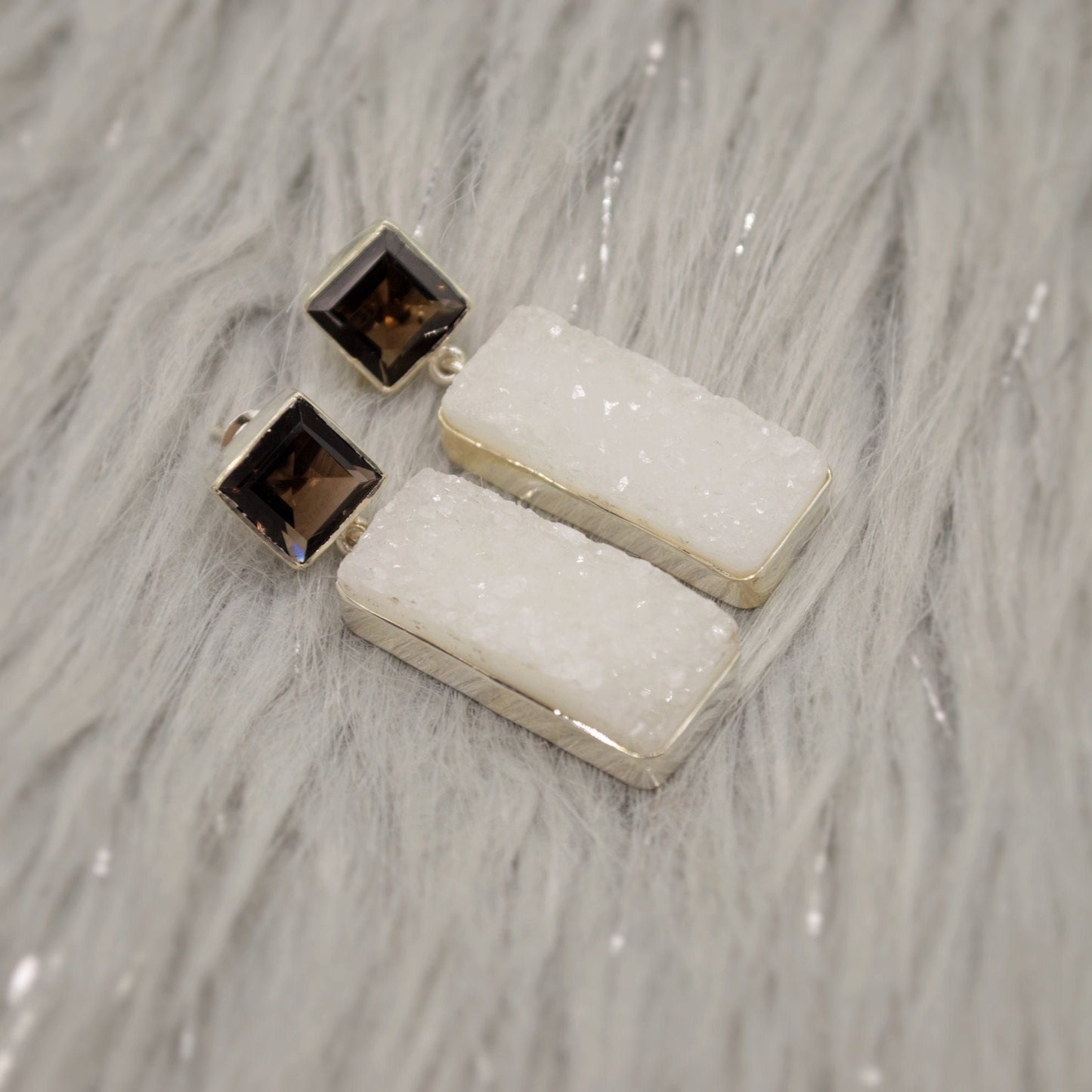 White Druzy Agate, Smoky Quartz Silver Earrings, Unique Handmade Gemstone Drop Earrings