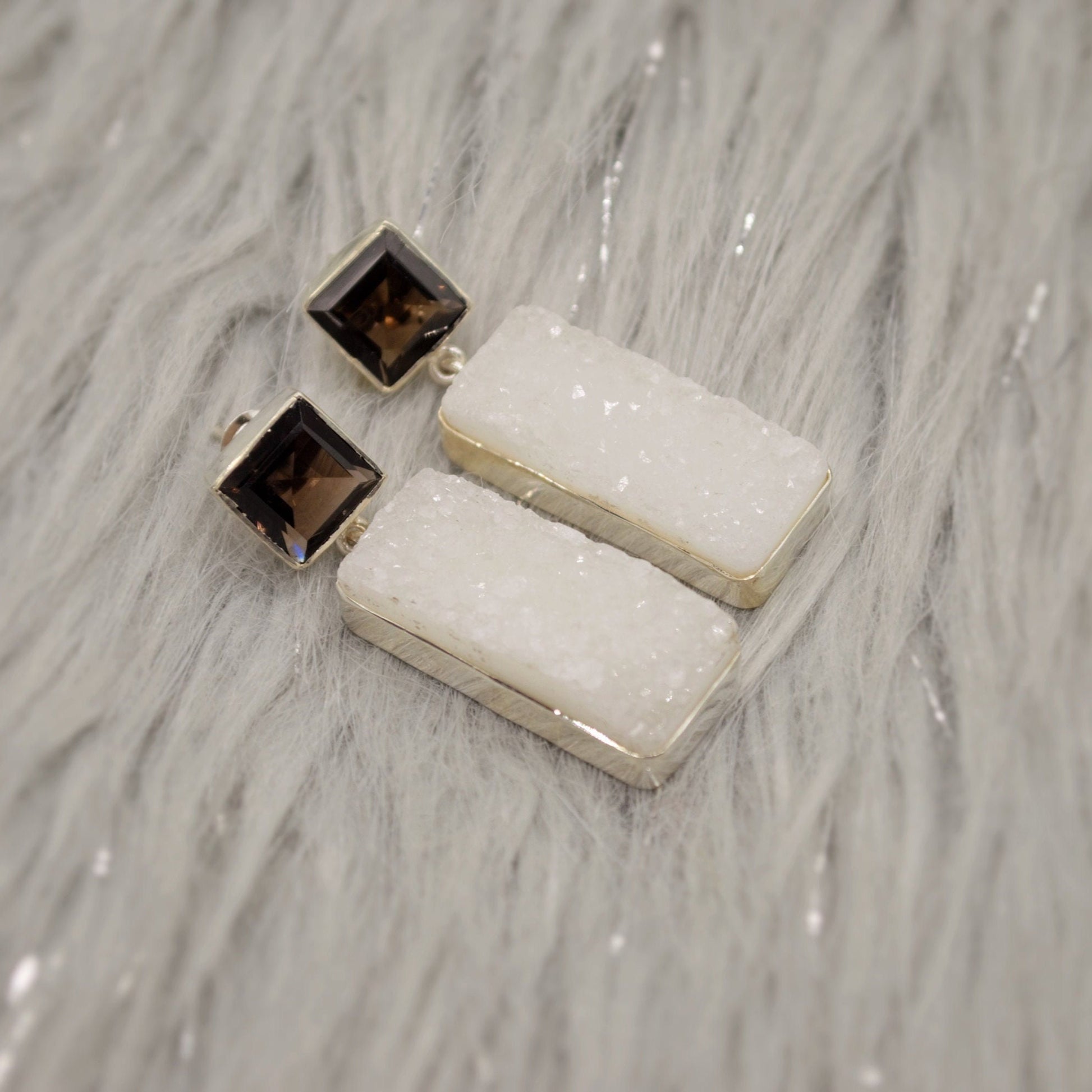 White Druzy Agate, Smoky Quartz Silver Earrings, Unique Handmade Gemstone Drop Earrings