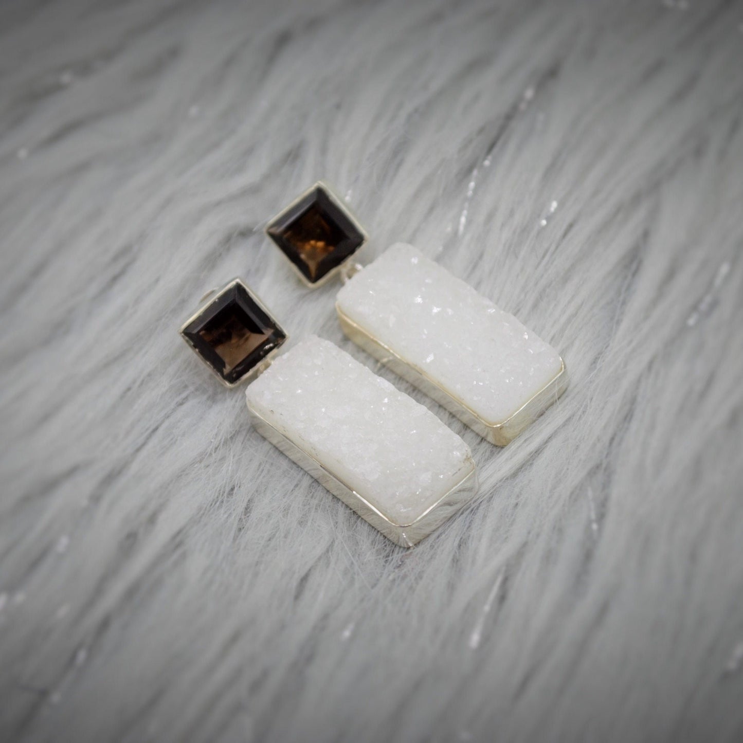 White Druzy Agate, Smoky Quartz Silver Earrings, Unique Handmade Gemstone Drop Earrings