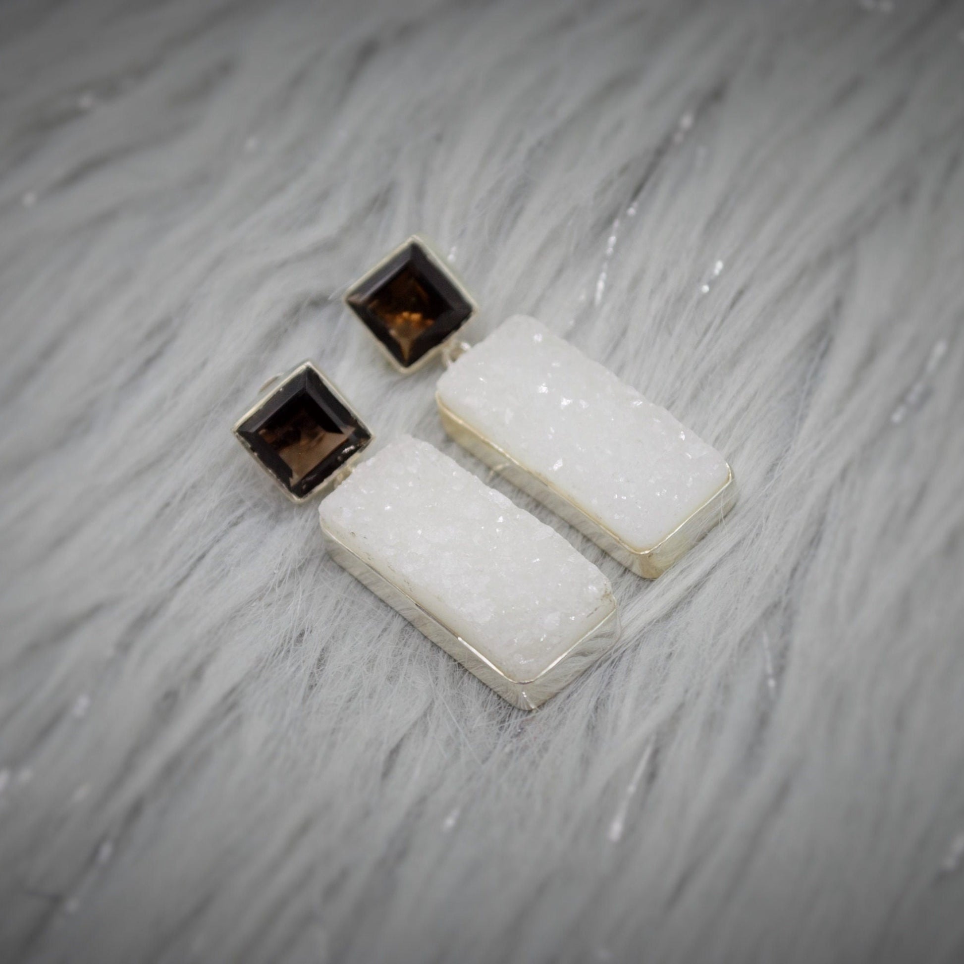 White Druzy Agate, Smoky Quartz Silver Earrings, Unique Handmade Gemstone Drop Earrings