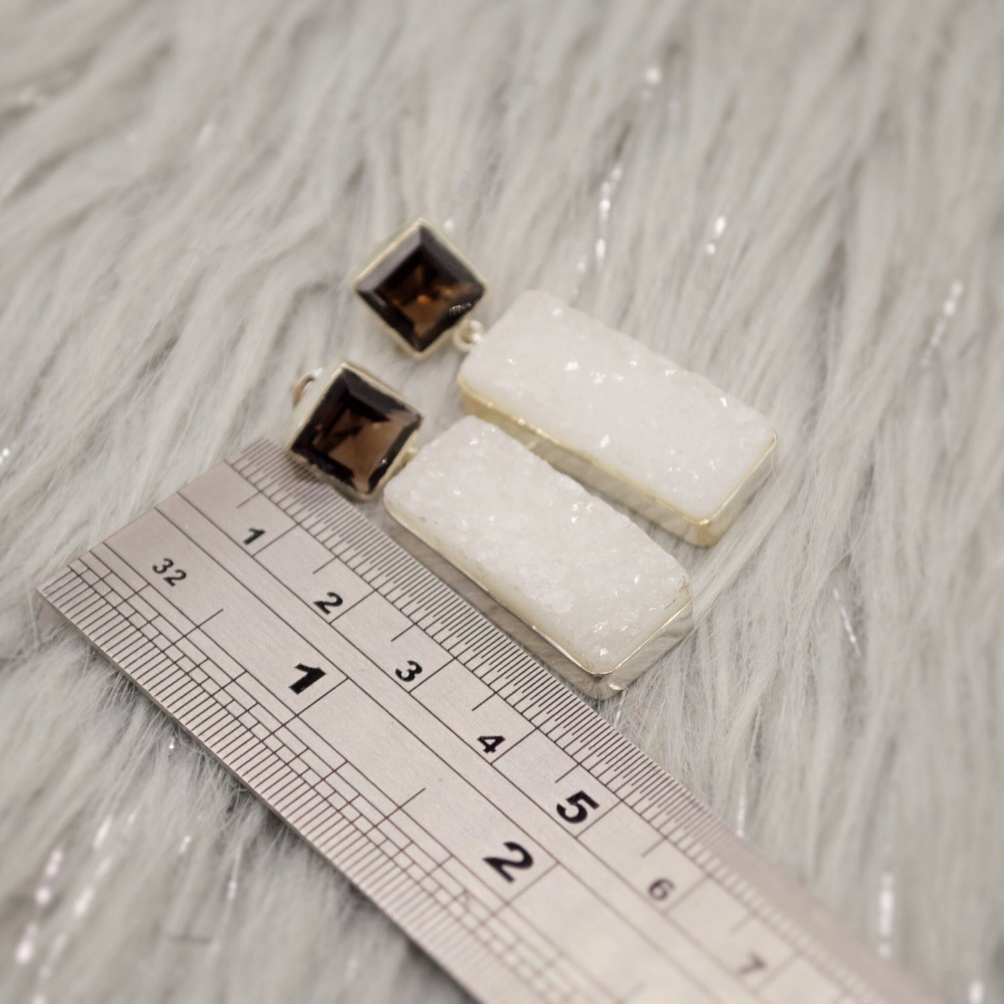White Druzy Agate, Smoky Quartz Silver Earrings, Unique Handmade Gemstone Drop Earrings