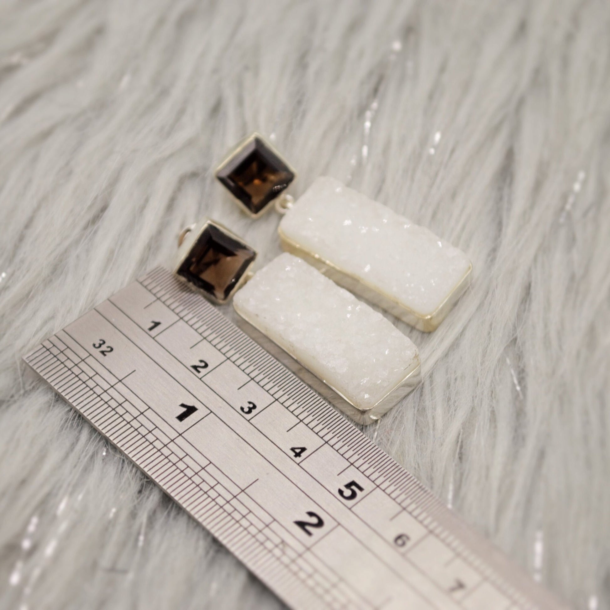 White Druzy Agate, Smoky Quartz Silver Earrings, Unique Handmade Gemstone Drop Earrings