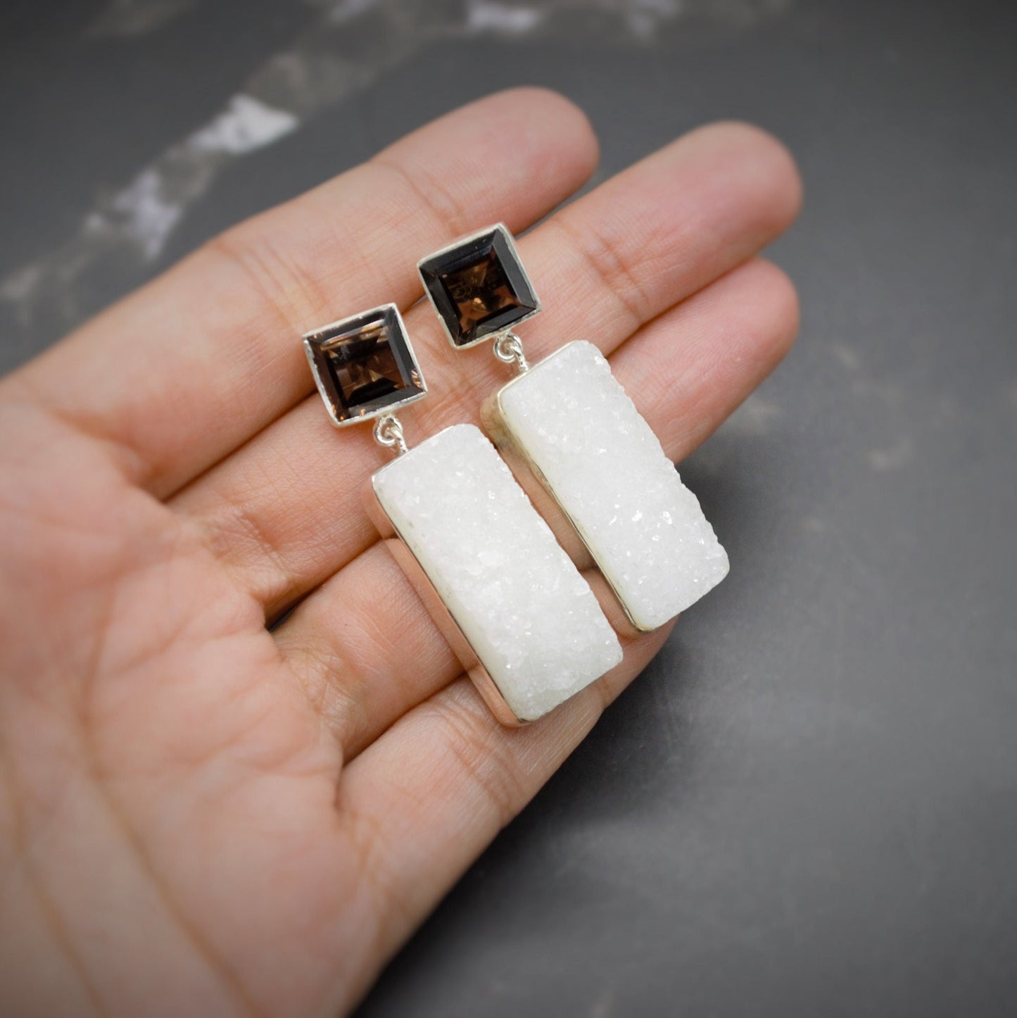 White Druzy Agate, Smoky Quartz Silver Earrings, Unique Handmade Gemstone Drop Earrings
