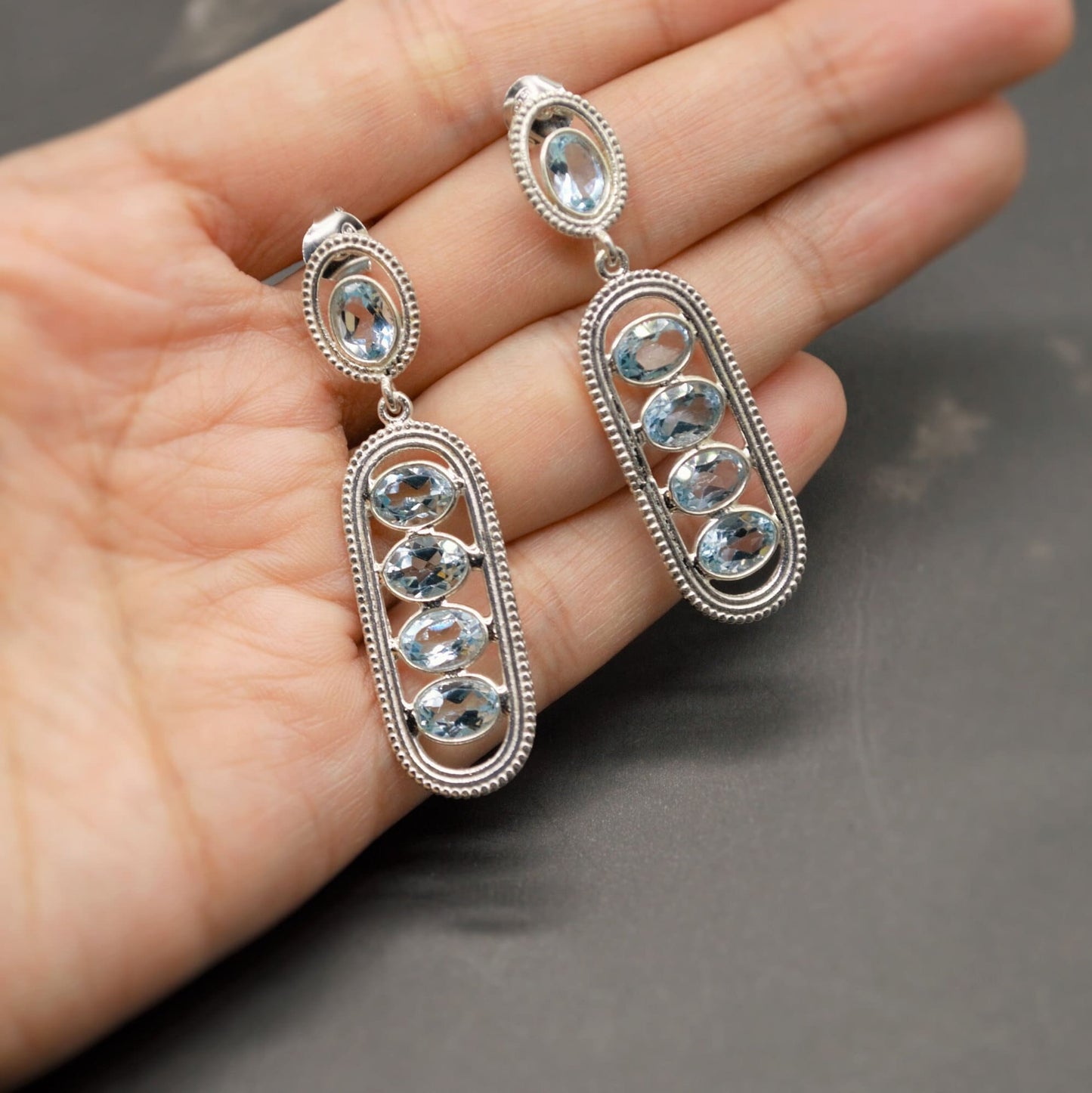 Blue Topaz Silver Dangle Earrings, Dainty Gemstone Drop Earrings, Unique Earrings, December Birthstone, Birthday Gifts For Her