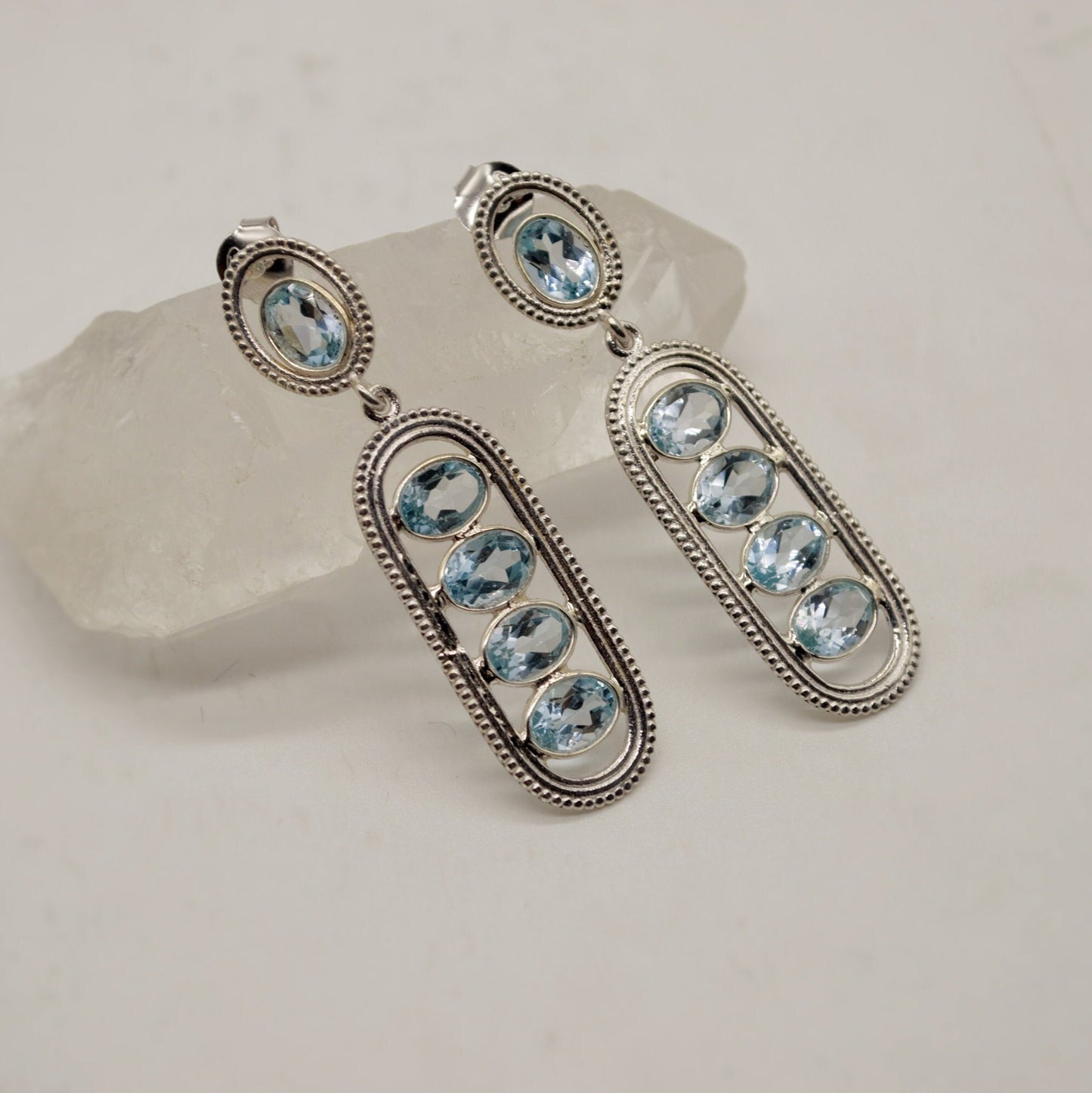 Blue Topaz Silver Dangle Earrings, Dainty Gemstone Drop Earrings, Unique Earrings, December Birthstone, Birthday Gifts For Her
