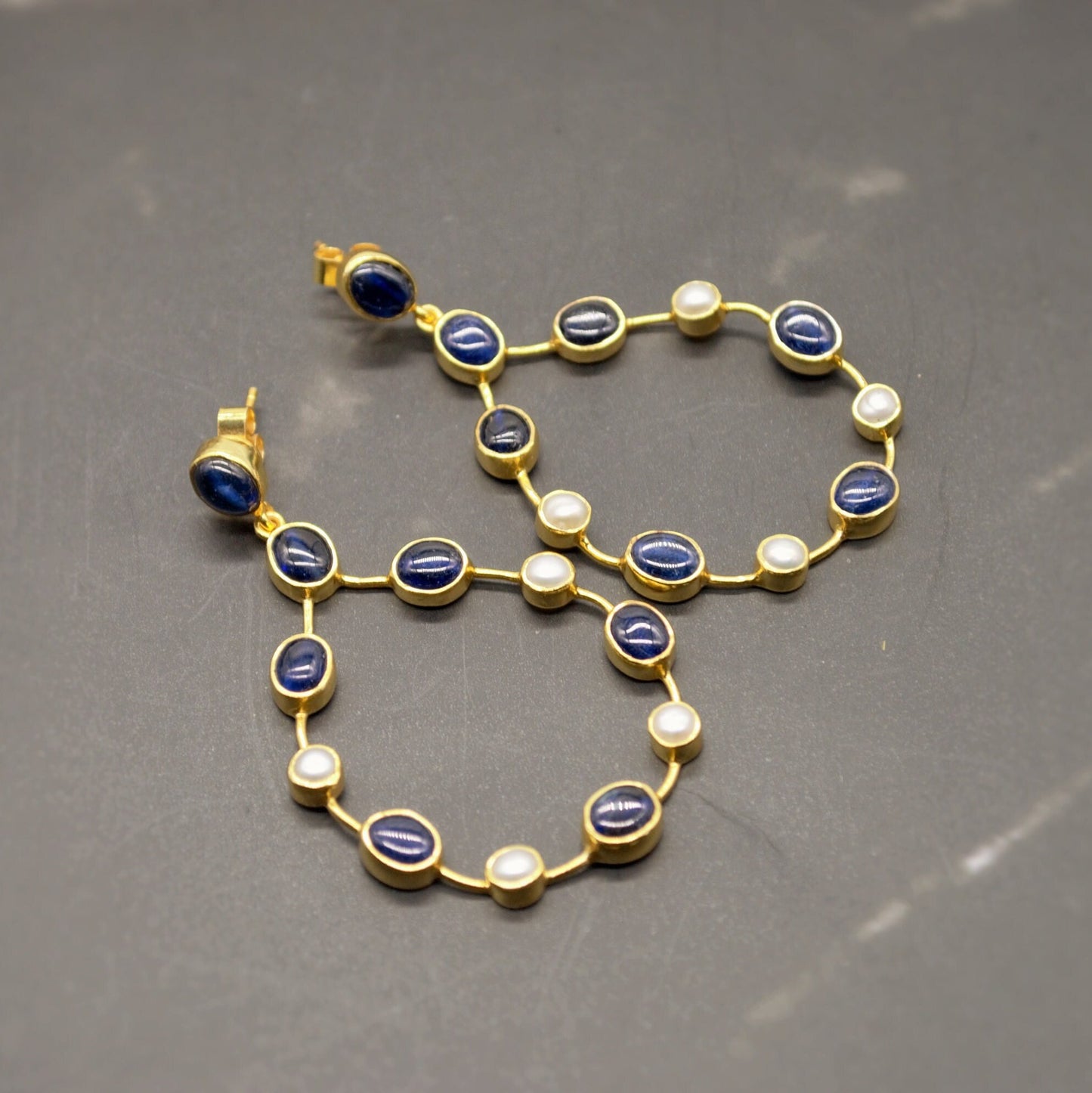 Handmade Blue Sapphire & Pearl Earrings, September, June Birthstone Gem, Elegant Sterling Silver Hoops