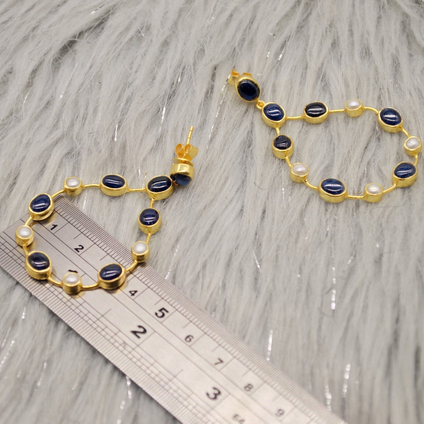 Handmade Blue Sapphire & Pearl Earrings, September, June Birthstone Gem, Elegant Sterling Silver Hoops