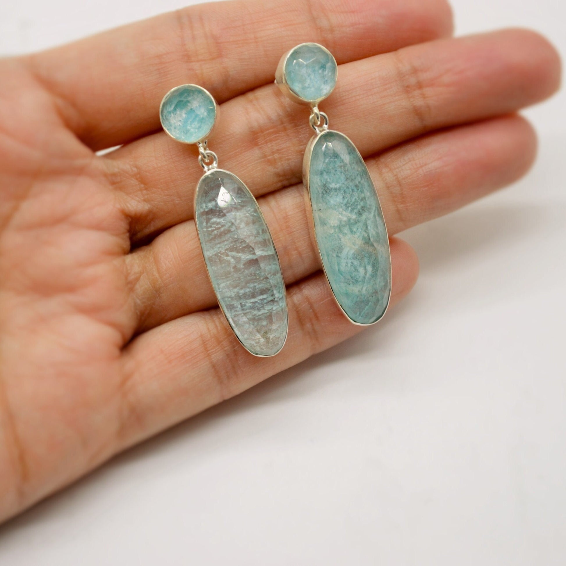 Amazonite Sterling Silver Drop Earrings, Gemstone Dangles, Handmade Jewelry, Gift for Bestie, Boho Chic Statement