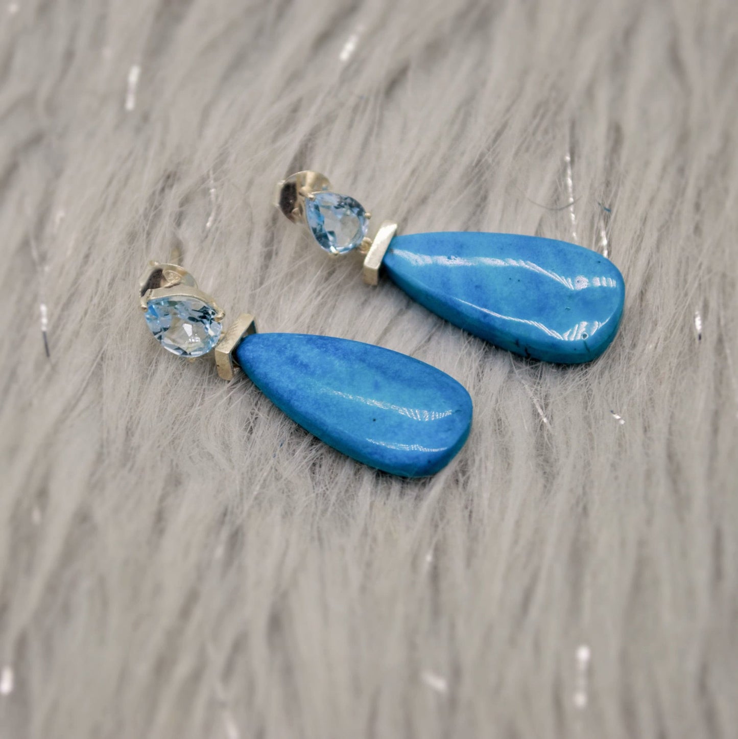 Dainty Blue Topaz & Howlite Earrings, Unique December Birthstone Jewelry, Silver Dangle Drop Earrings, Handmade Gift For Her