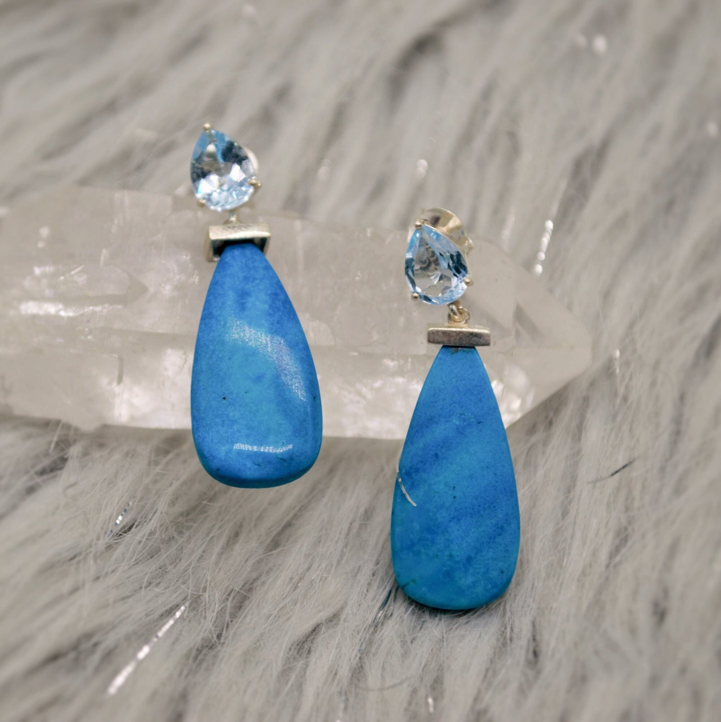 Dainty Blue Topaz & Howlite Earrings, Unique December Birthstone Jewelry, Silver Dangle Drop Earrings, Handmade Gift For Her