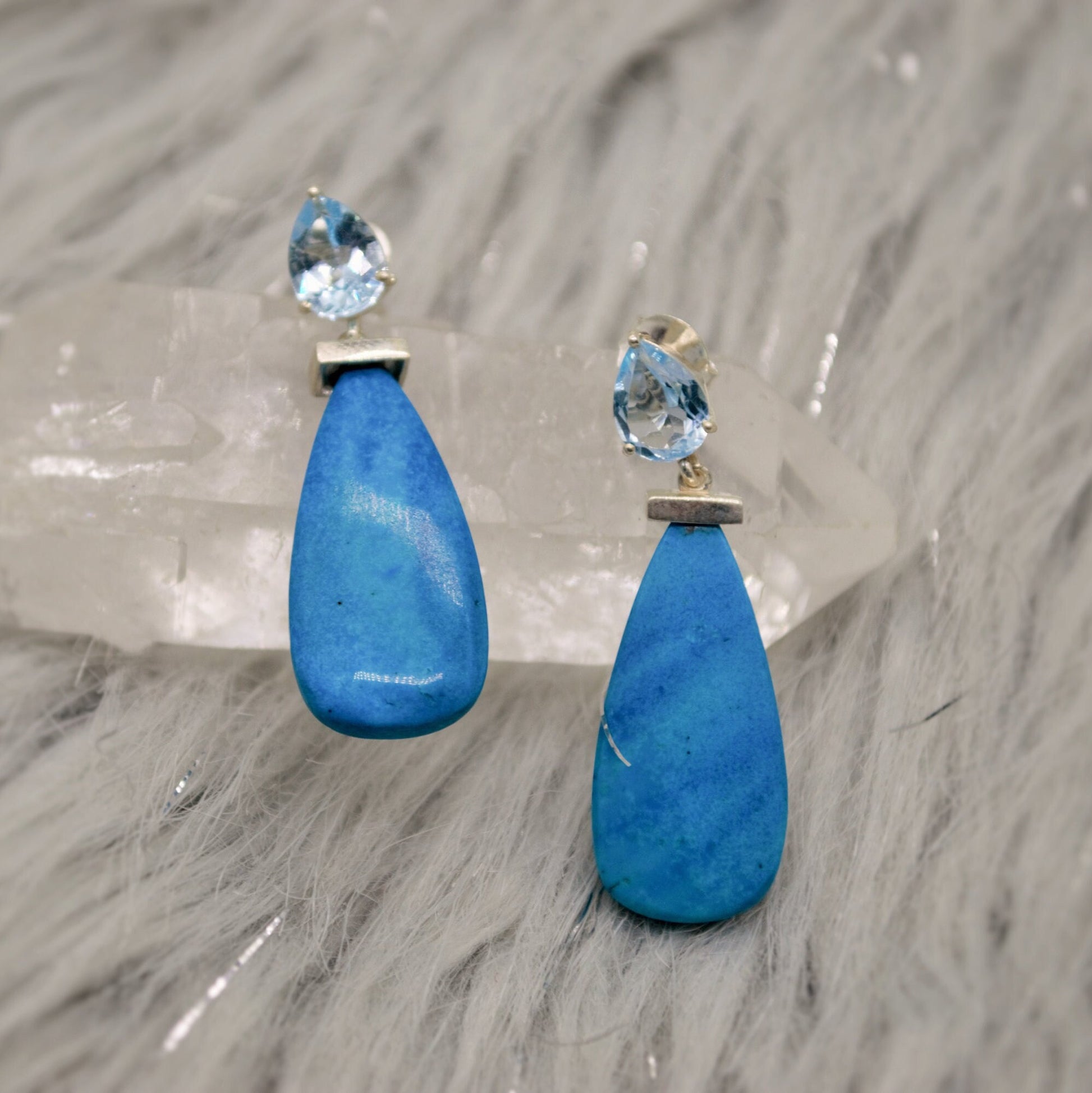 Dainty Blue Topaz & Howlite Earrings, Unique December Birthstone Jewelry, Silver Dangle Drop Earrings, Handmade Gift For Her
