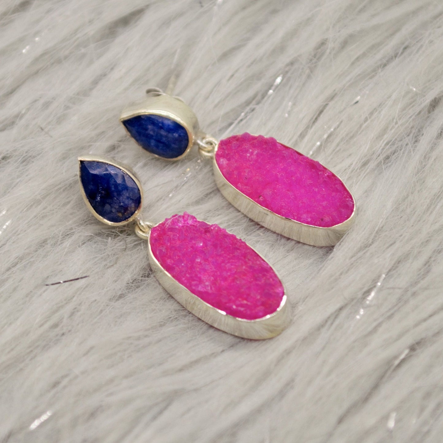 Blue Sapphire, Pink Druzy Agate Silver Earrings, September Birthstone Sapphire Earrings, Elegant Unique Boho Earrings Gift For Her