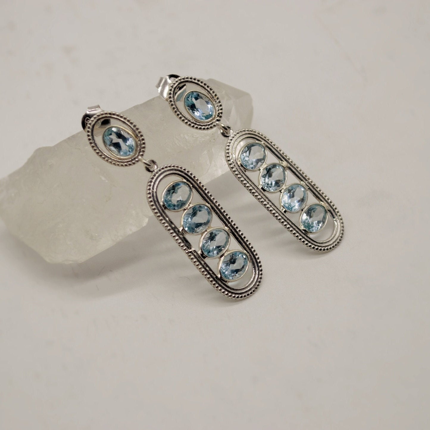 Blue Topaz Silver Dangle Earrings, Dainty Gemstone Drop Earrings, Unique Earrings, December Birthstone, Birthday Gifts For Her