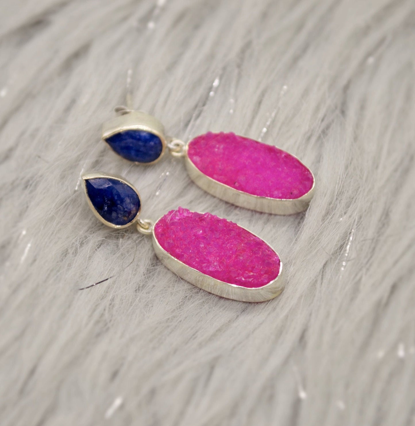 Blue Sapphire, Pink Druzy Agate Silver Earrings, September Birthstone Sapphire Earrings, Elegant Unique Boho Earrings Gift For Her