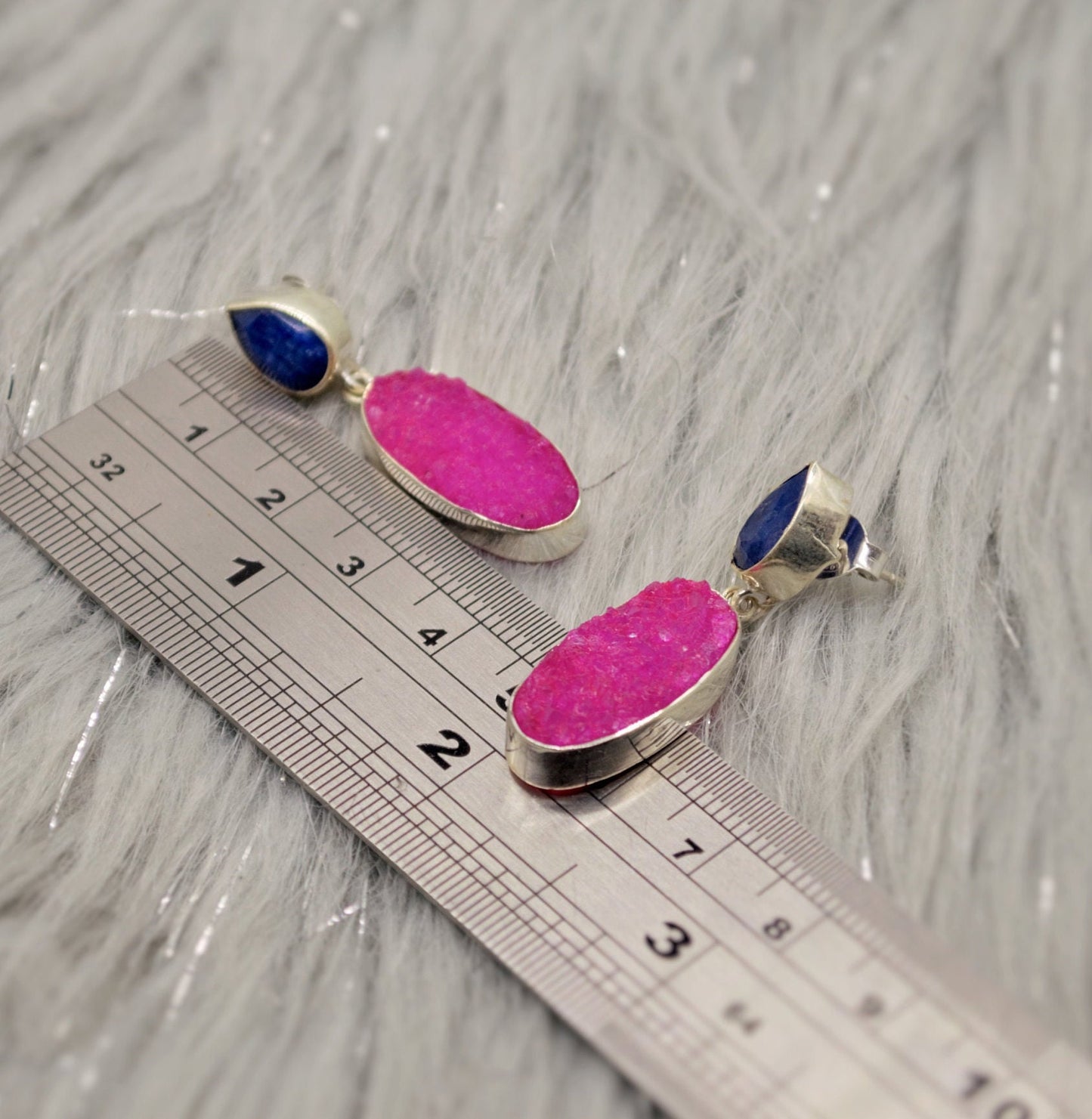 Blue Sapphire, Pink Druzy Agate Silver Earrings, September Birthstone Sapphire Earrings, Elegant Unique Boho Earrings Gift For Her