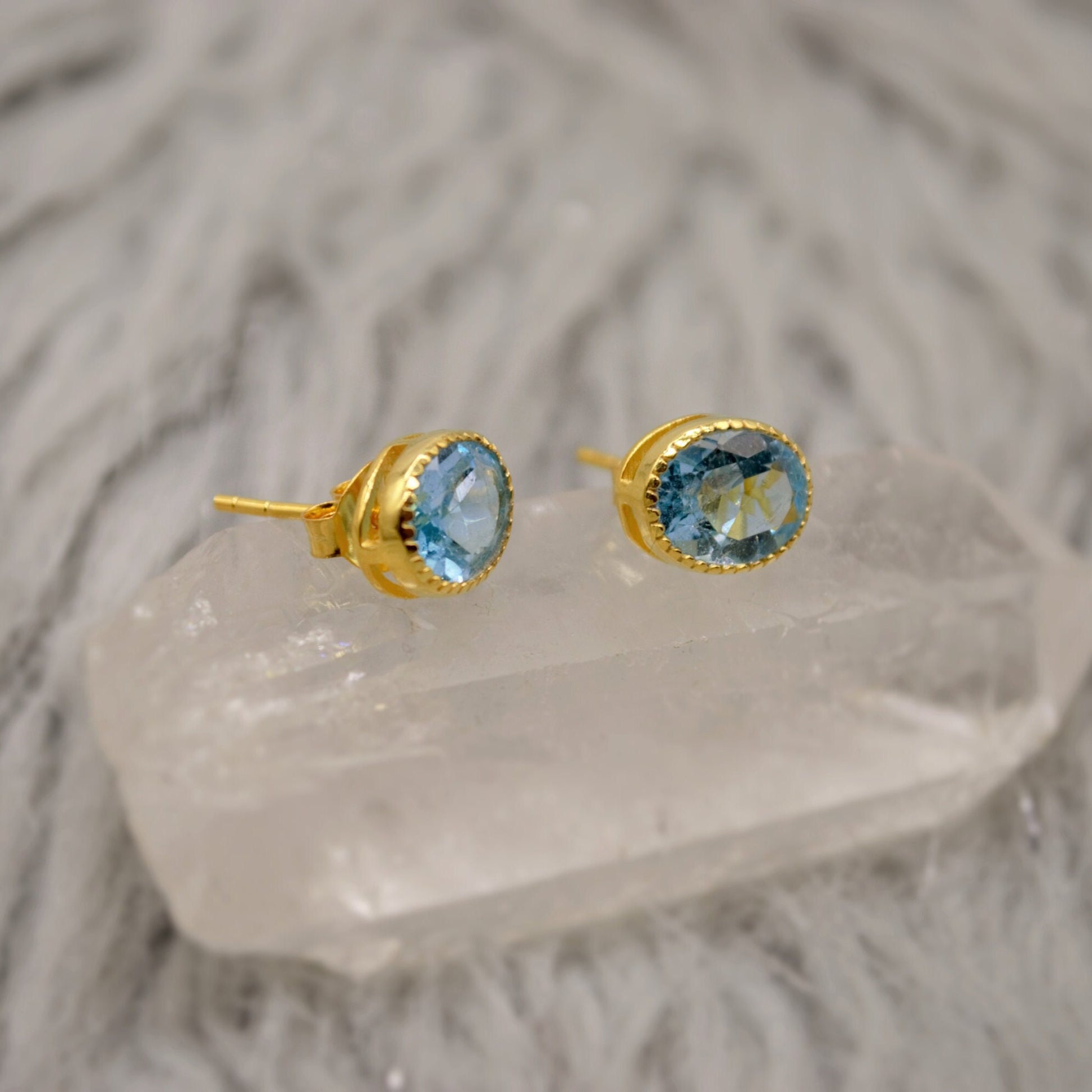Blue Topaz Silver Stud Earrings, Minimalist Sterling Silver Gemstone Earrings, Dainty December Birthstone Earrings, Birthday Gifts For Her