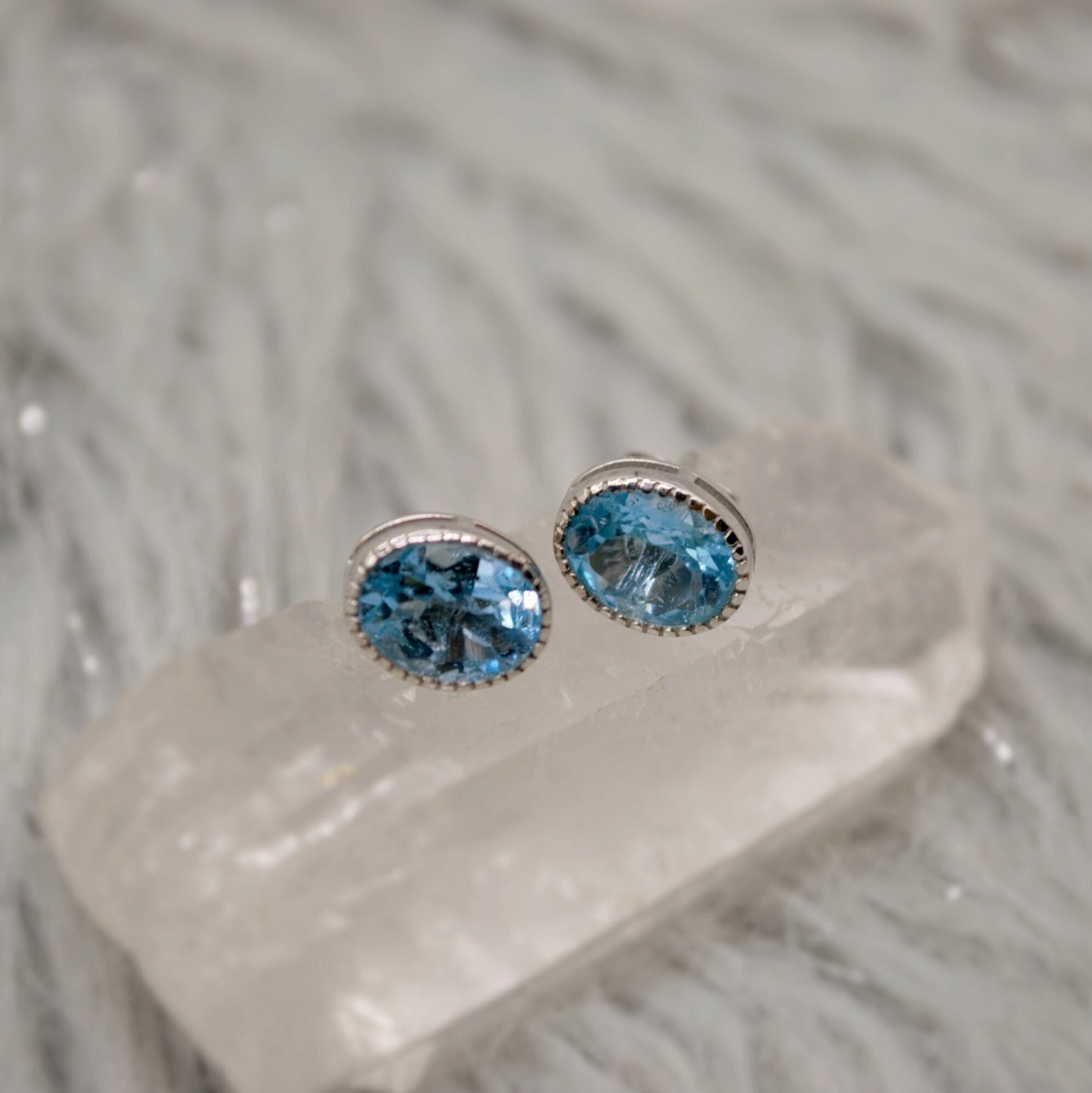 Blue Topaz Silver Stud Earrings, Minimalist Sterling Silver Gemstone Earrings, Dainty December Birthstone Earrings, Birthday Gifts For Her