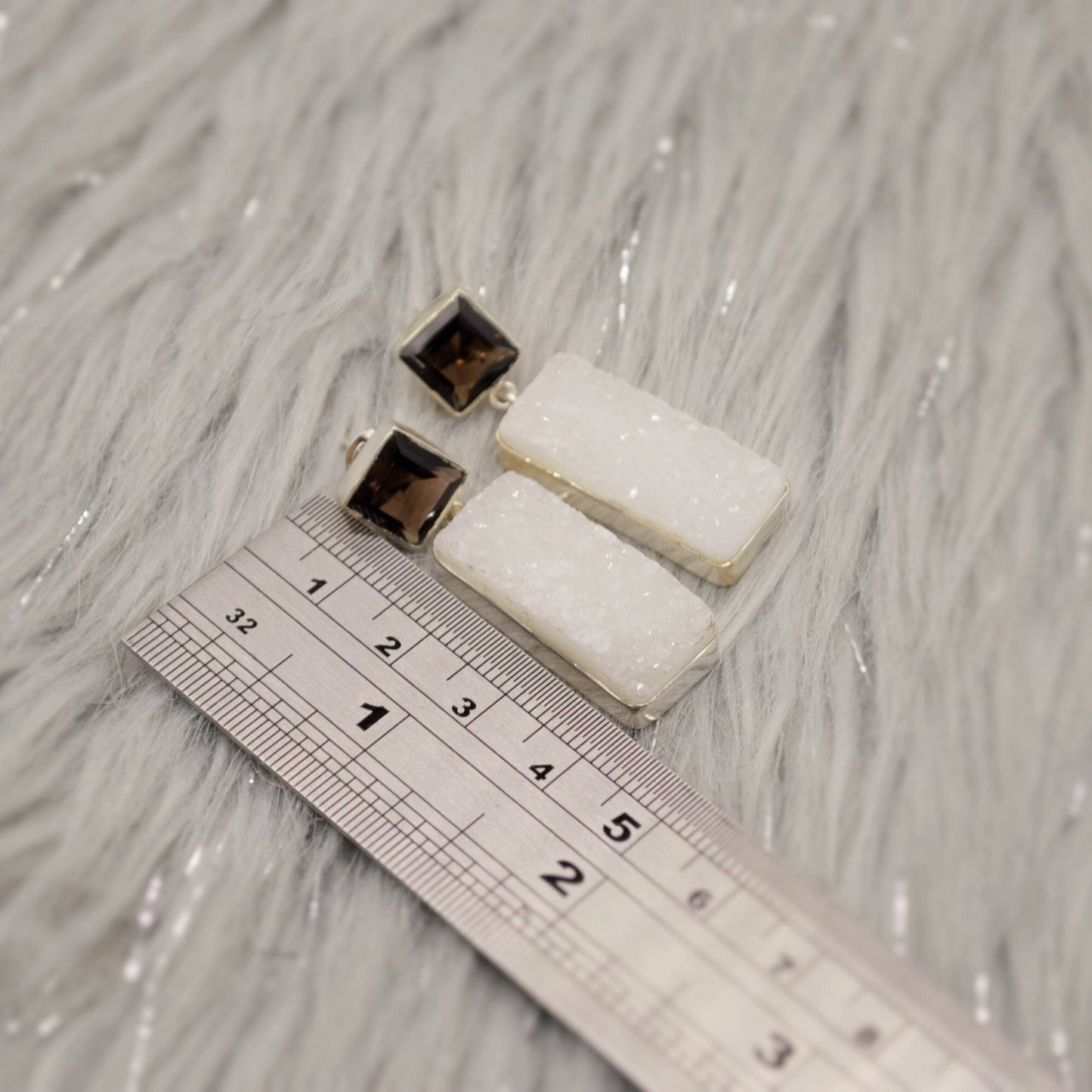 White Druzy Agate, Smoky Quartz Silver Earrings, Unique Handmade Gemstone Drop Earrings