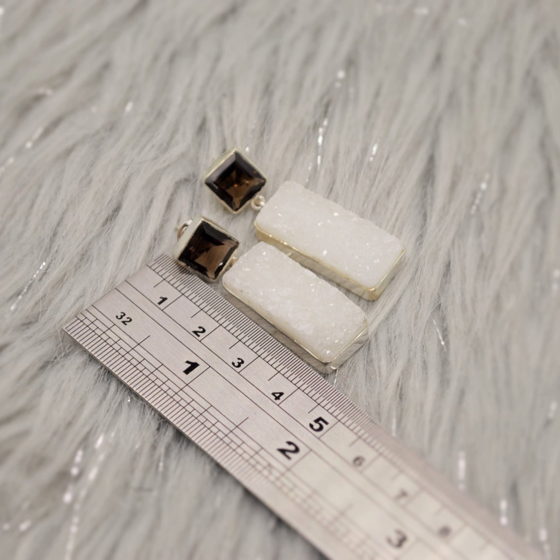 White Druzy Agate, Smoky Quartz Silver Earrings, Unique Handmade Gemstone Drop Earrings