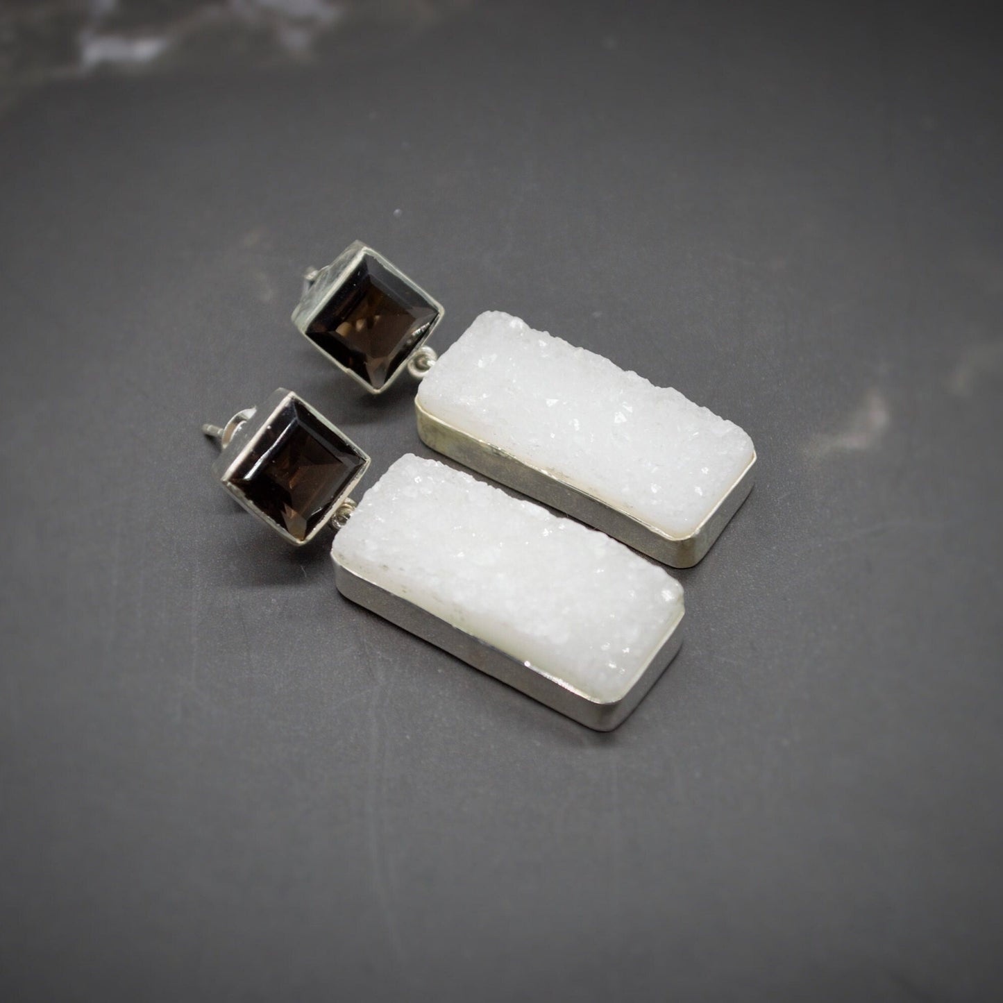 White Druzy Agate, Smoky Quartz Silver Earrings, Unique Handmade Gemstone Drop Earrings