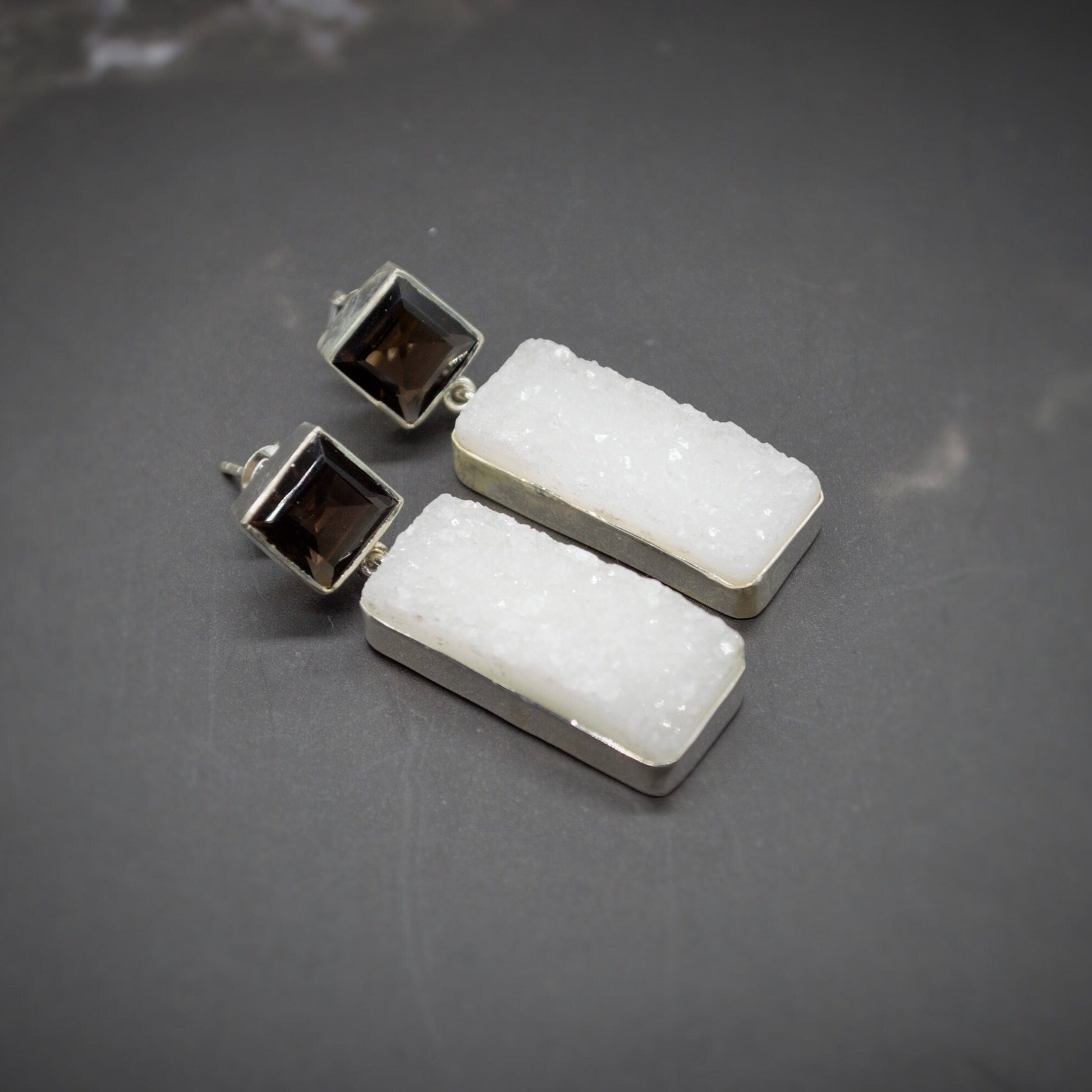 White Druzy Agate, Smoky Quartz Silver Earrings, Unique Handmade Gemstone Drop Earrings