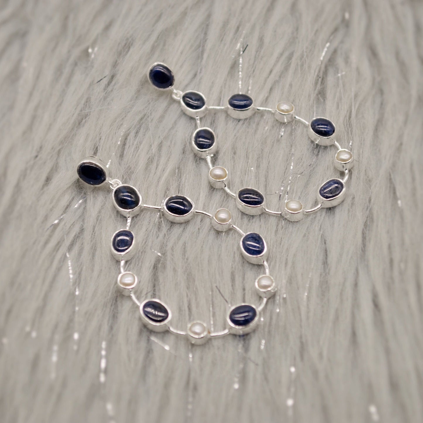 Handmade Blue Sapphire & Pearl Earrings, September, June Birthstone Gem, Elegant Sterling Silver Hoops