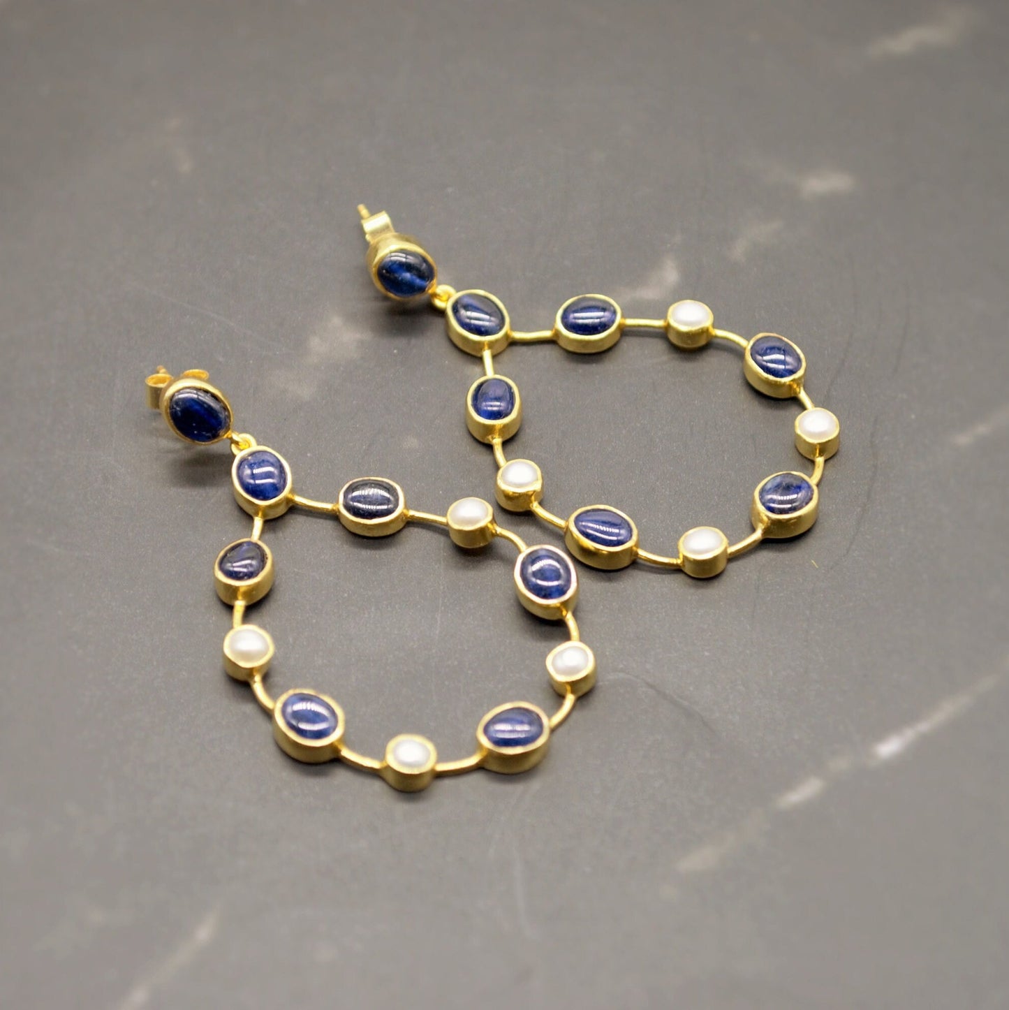 Handmade Blue Sapphire & Pearl Earrings, September, June Birthstone Gem, Elegant Sterling Silver Hoops