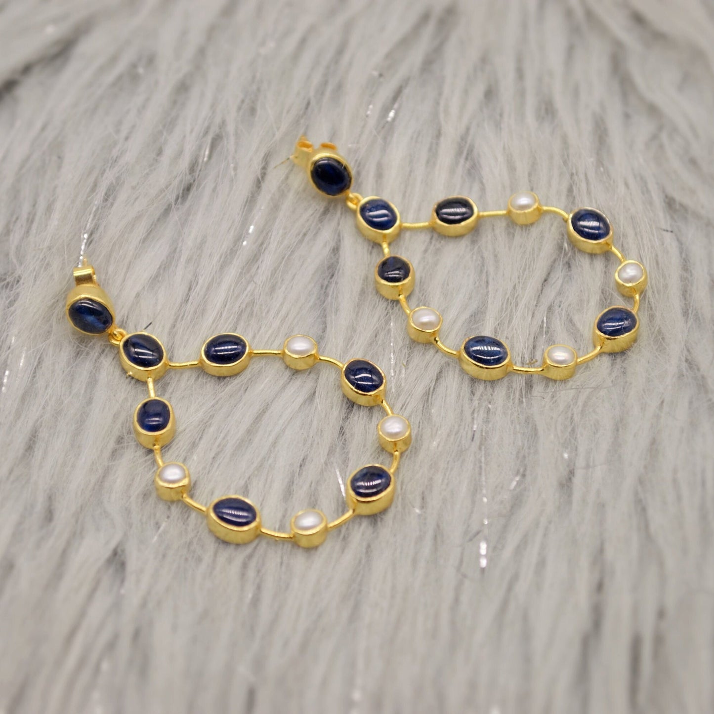 Handmade Blue Sapphire & Pearl Earrings, September, June Birthstone Gem, Elegant Sterling Silver Hoops