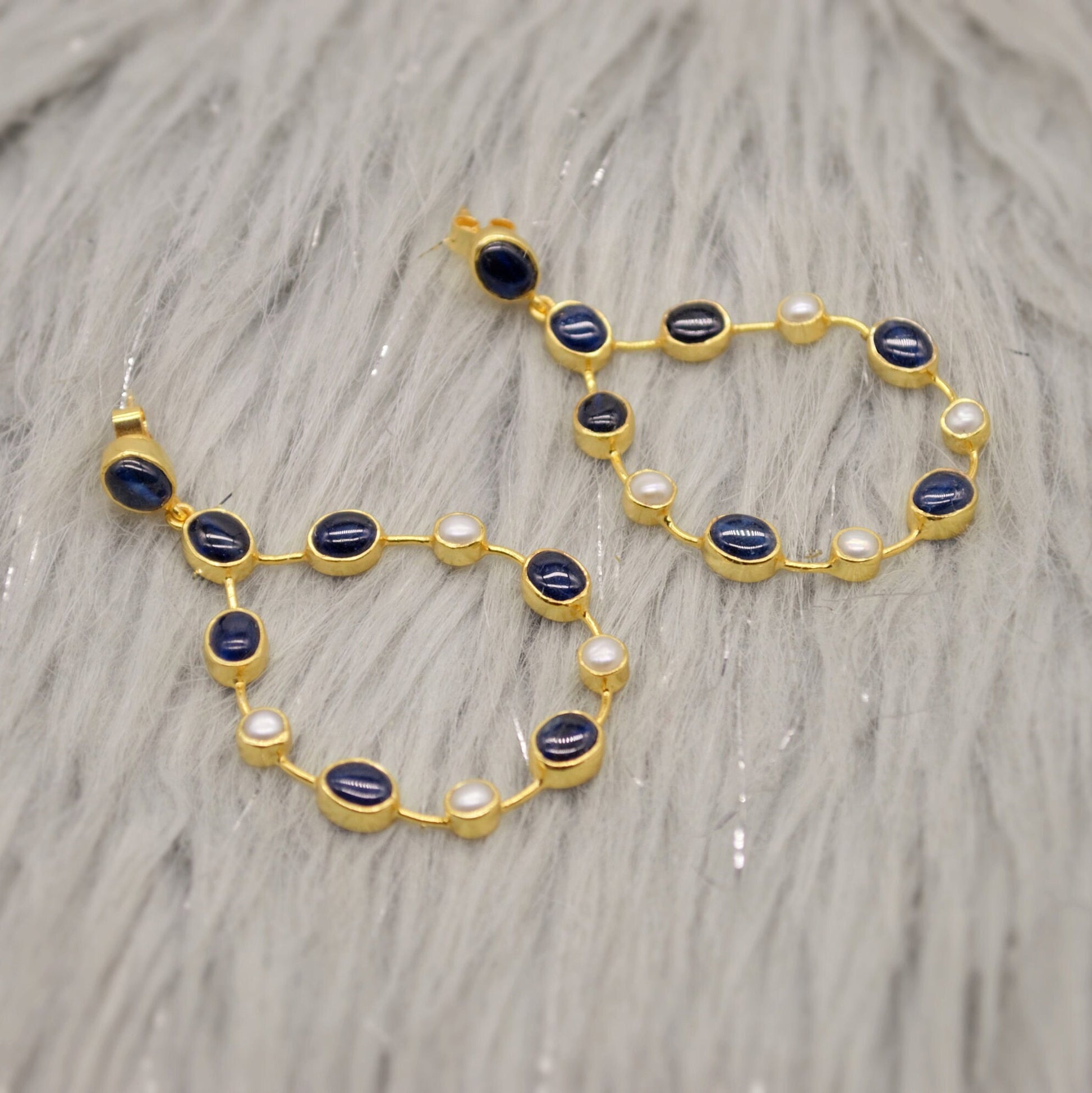 Handmade Blue Sapphire & Pearl Earrings, September, June Birthstone Gem, Elegant Sterling Silver Hoops