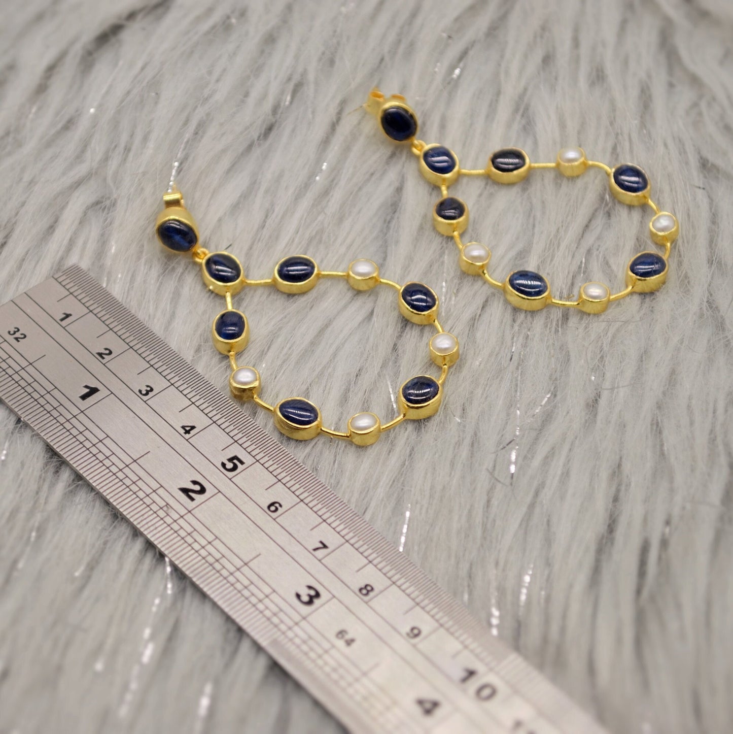 Handmade Blue Sapphire & Pearl Earrings, September, June Birthstone Gem, Elegant Sterling Silver Hoops