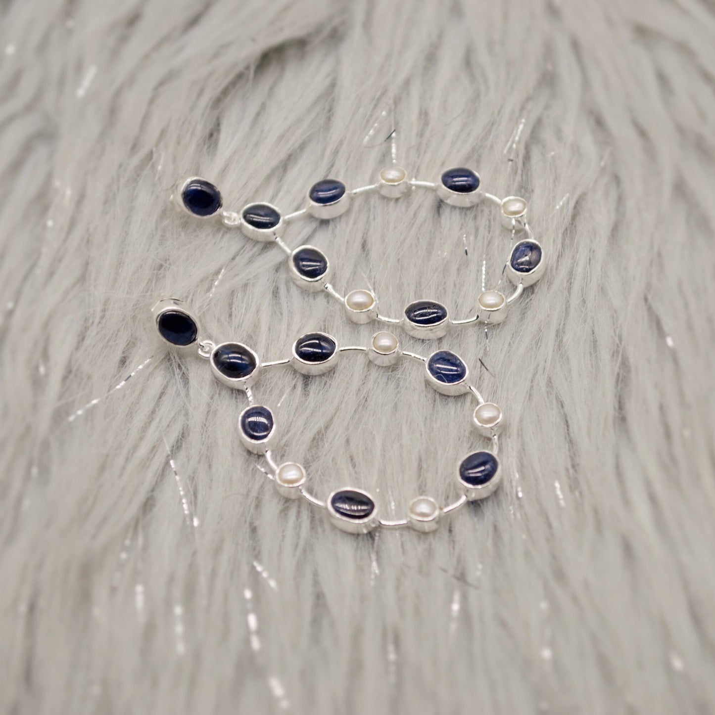 Handmade Blue Sapphire & Pearl Earrings, September, June Birthstone Gem, Elegant Sterling Silver Hoops