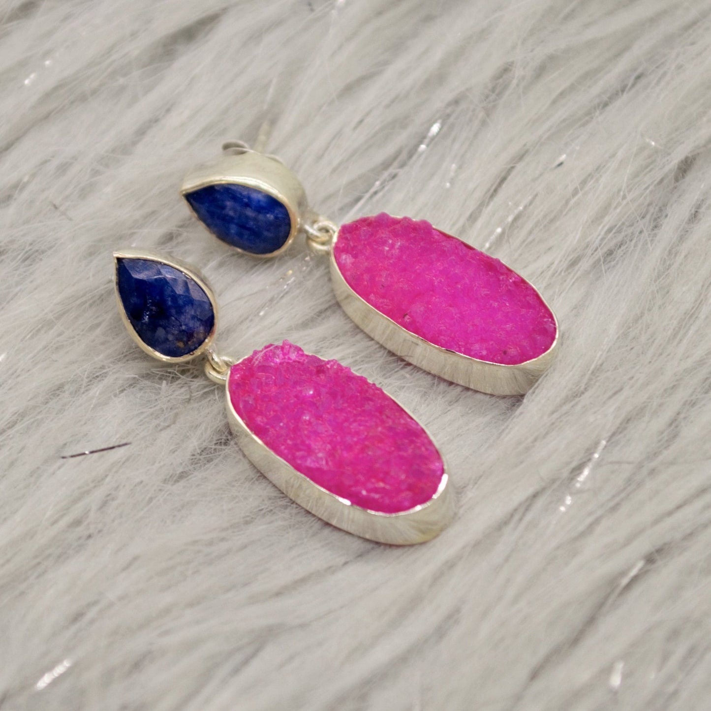 Blue Sapphire, Pink Druzy Agate Silver Earrings, September Birthstone Sapphire Earrings, Elegant Unique Boho Earrings Gift For Her